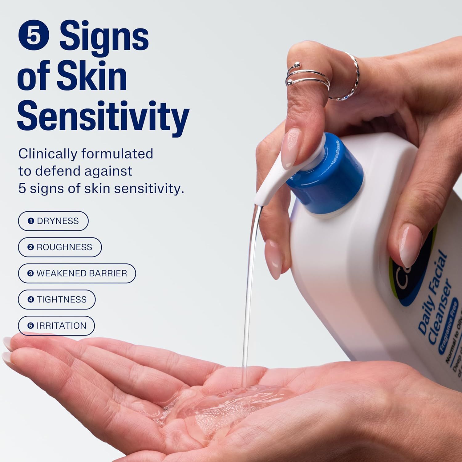 Communicates that the product is clinically formulated to address five specific signs of skin sensitivity, reassuring shoppers with sensitive skin that this product is designed for their needs.
