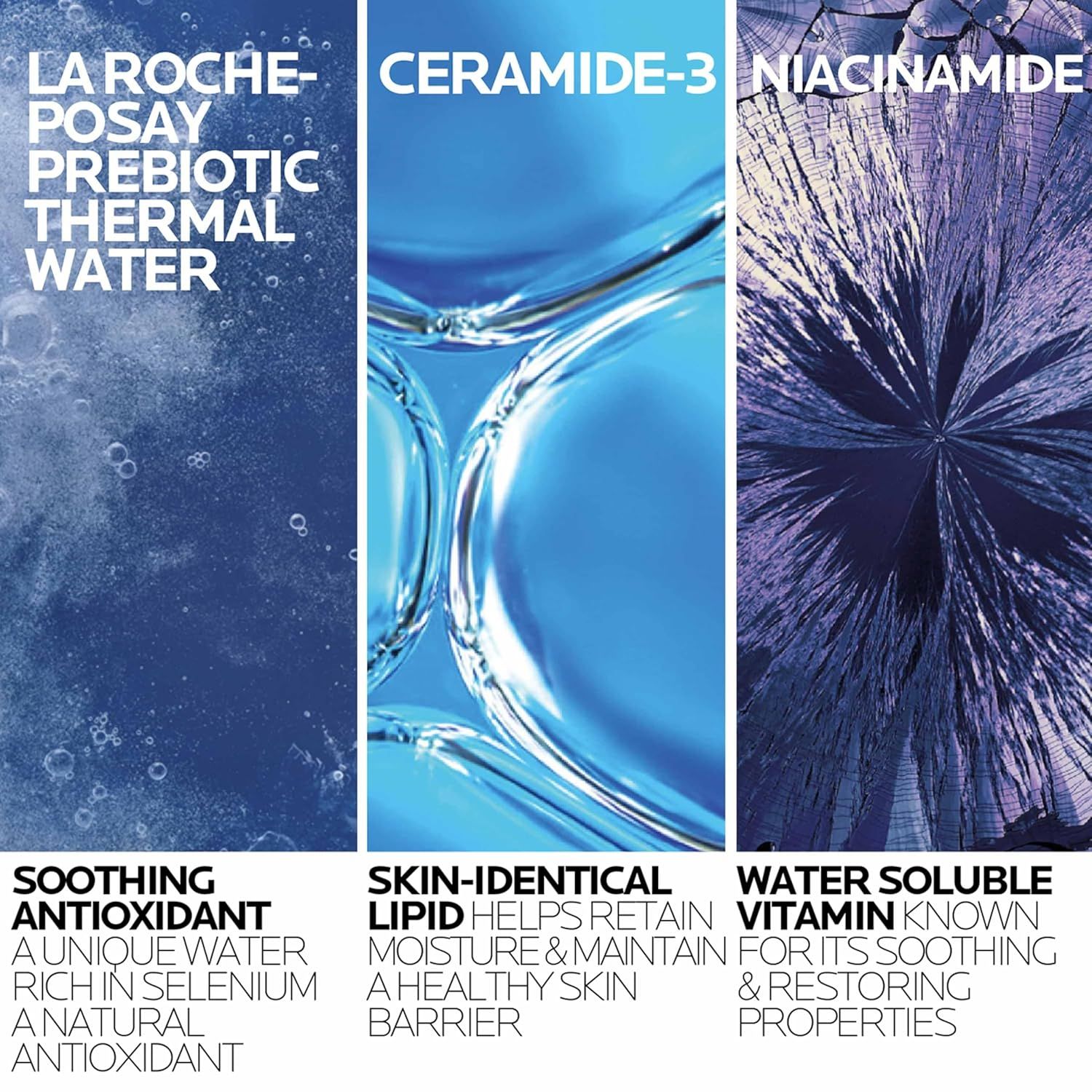 Highlights three key ingredients and their distinct benefits (antioxidant, skin barrier support, and soothing properties) to communicate the product's comprehensive skincare formulation.