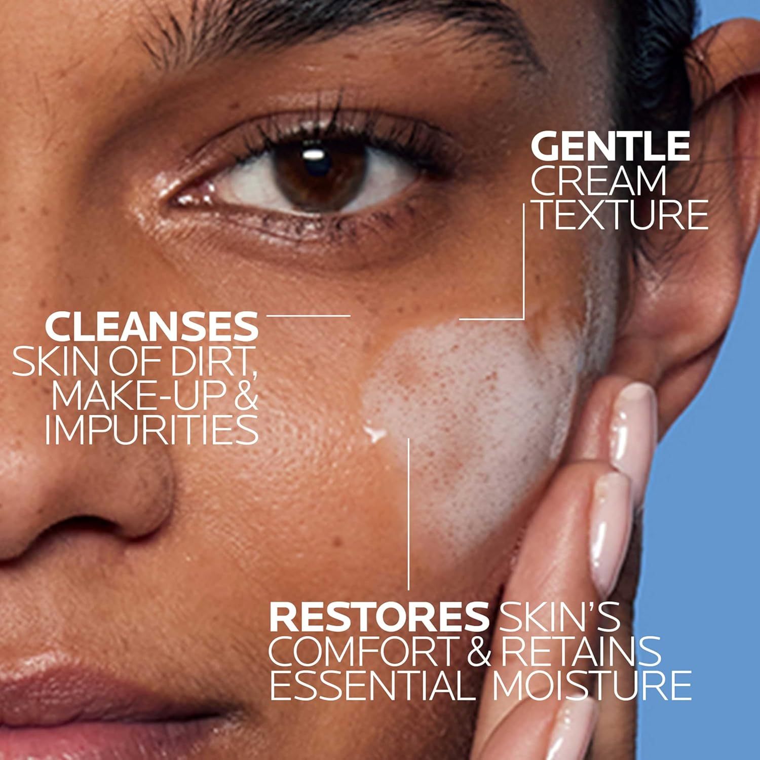 Communicates multiple distinct benefits of the cleanser in a segmented layout, showing it is gentle, effective at cleansing, and moisturizing to reassure shoppers of its comprehensive skincare value.