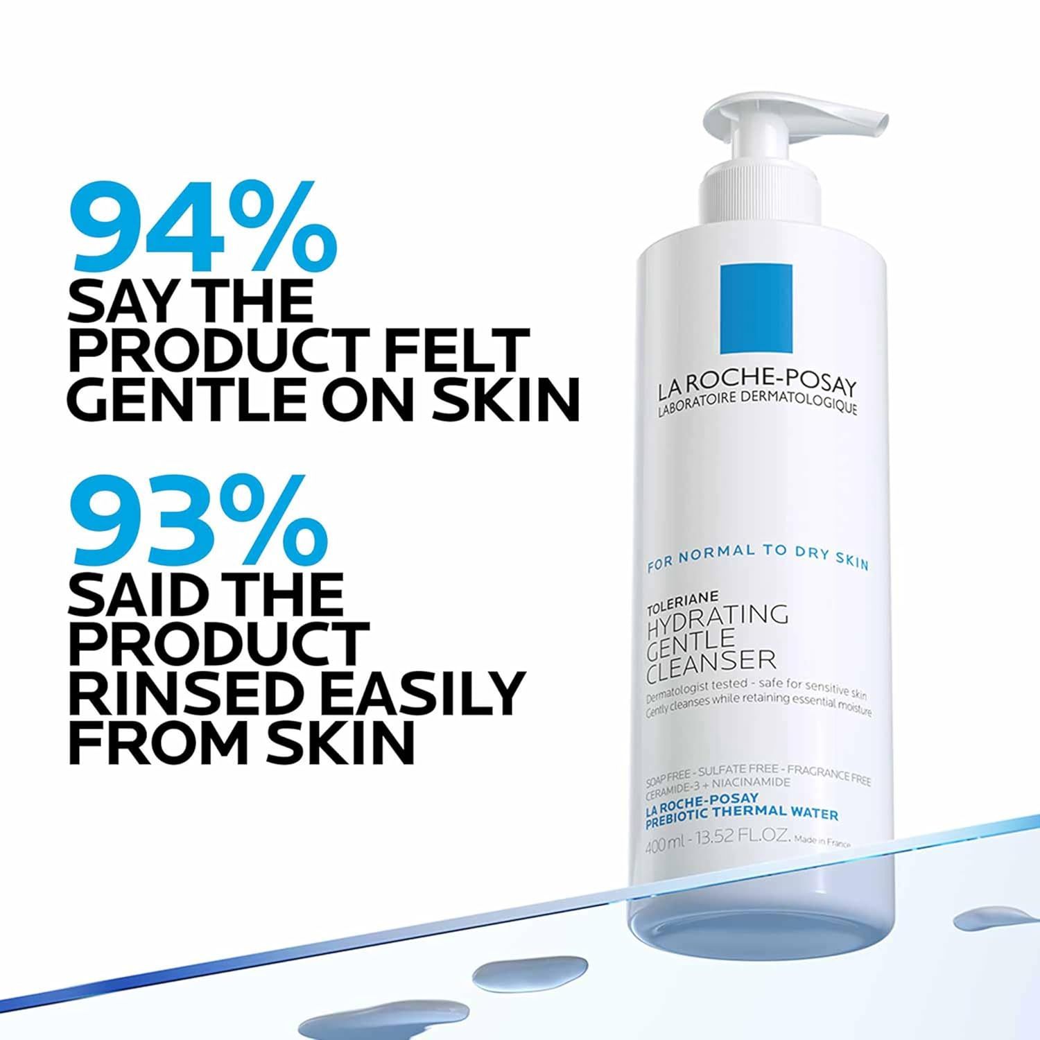 Communicates customer satisfaction statistics (94% and 93%) to build trust and reassure shoppers that the cleanser is gentle, effective, and easy to use based on real user feedback. Highlights the…