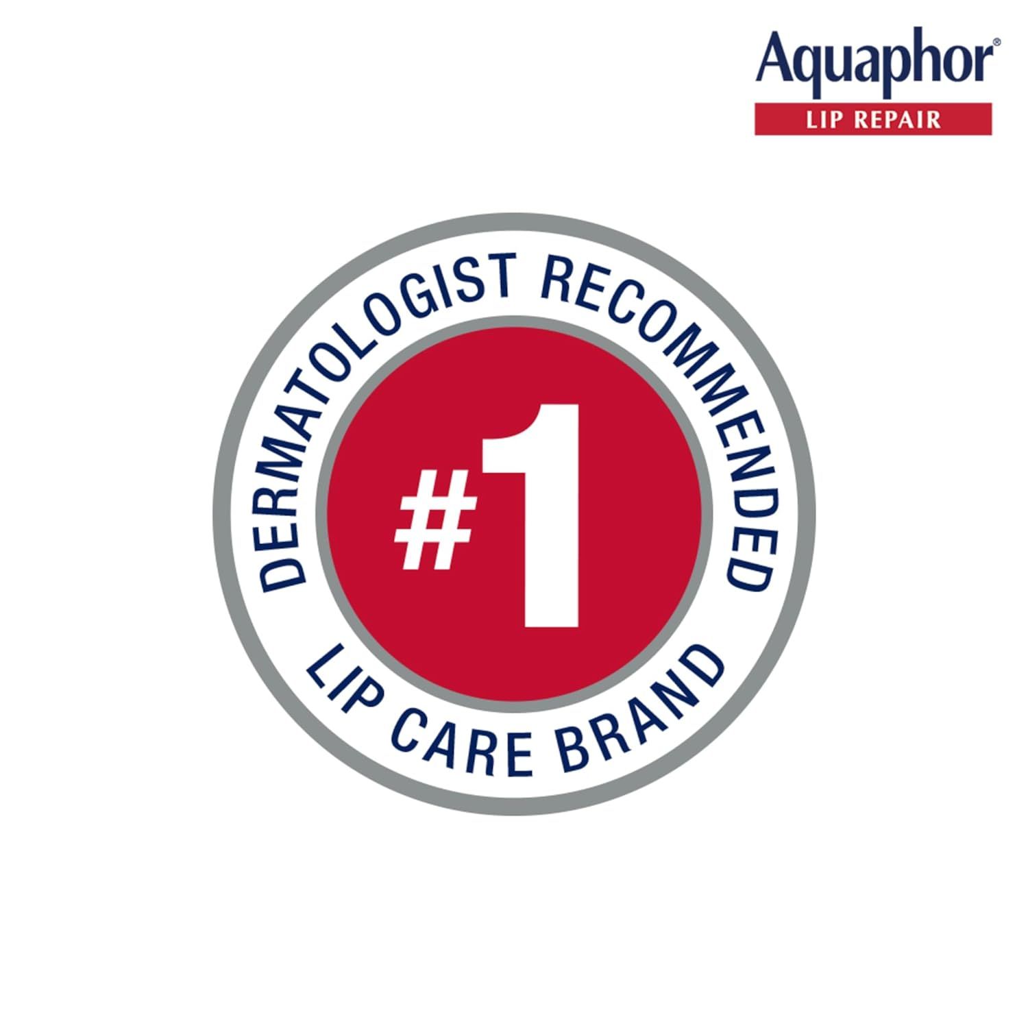 Builds trust and credibility by highlighting that Aquaphor Lip Repair is the #1 dermatologist-recommended lip care brand, reassuring shoppers of its professional endorsement and effectiveness.
