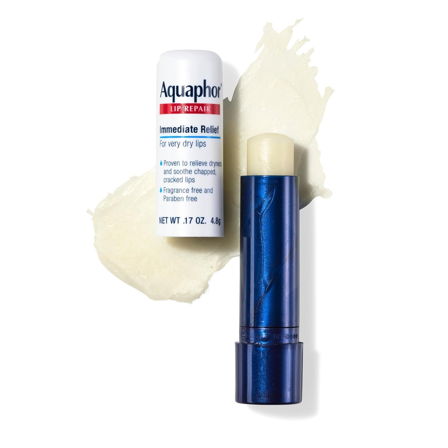 Displays the Aquaphor Lip Repair product alongside its packaging and a texture swatch to show the product's appearance, consistency, and what's included in the purchase.