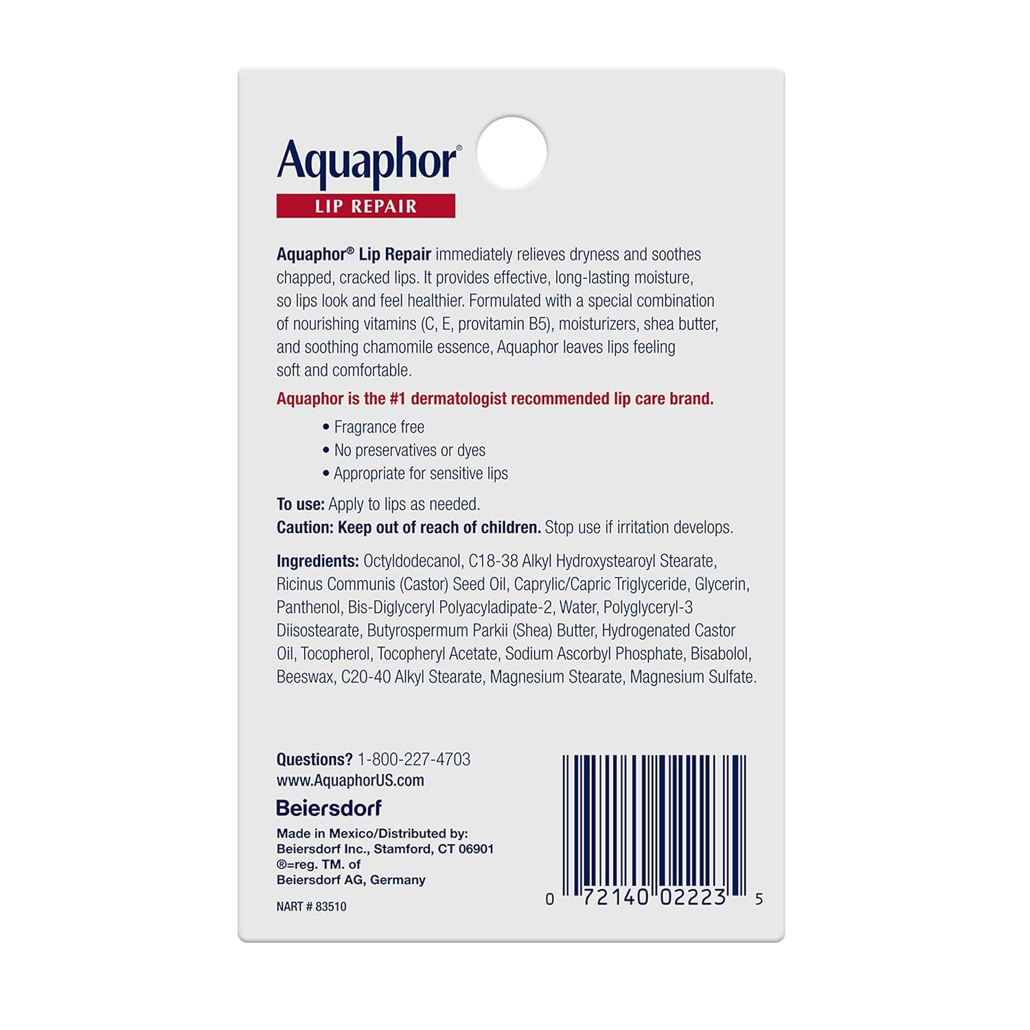 Communicates multiple product benefits and features including dermatologist recommendation, ingredient highlights, and suitability for sensitive lips to build trust and demonstrate comprehensive lip…