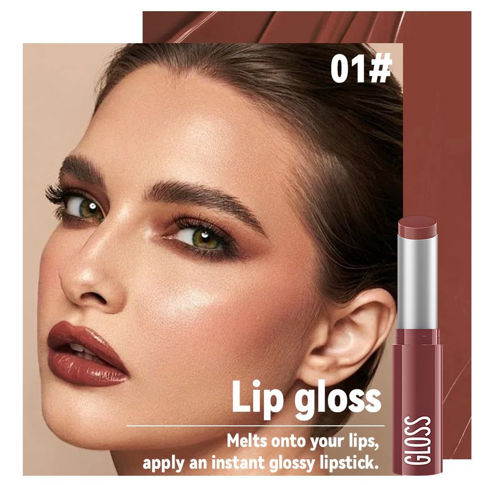 Demonstrates the glossy, smooth finish of the lip gloss product and communicates its easy application and melting texture to appeal to beauty shoppers.