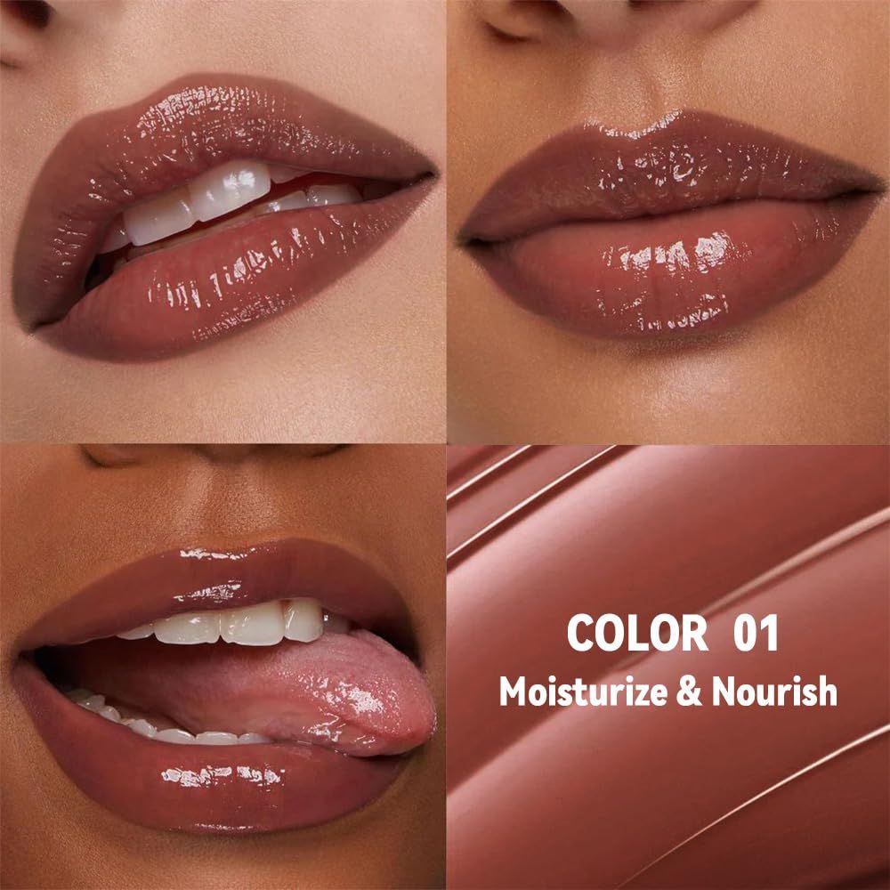 Displays the lipstick shade 'Color 01' on multiple skin tones to help shoppers visualize how the product looks on different complexions and understand the moisturizing benefit.