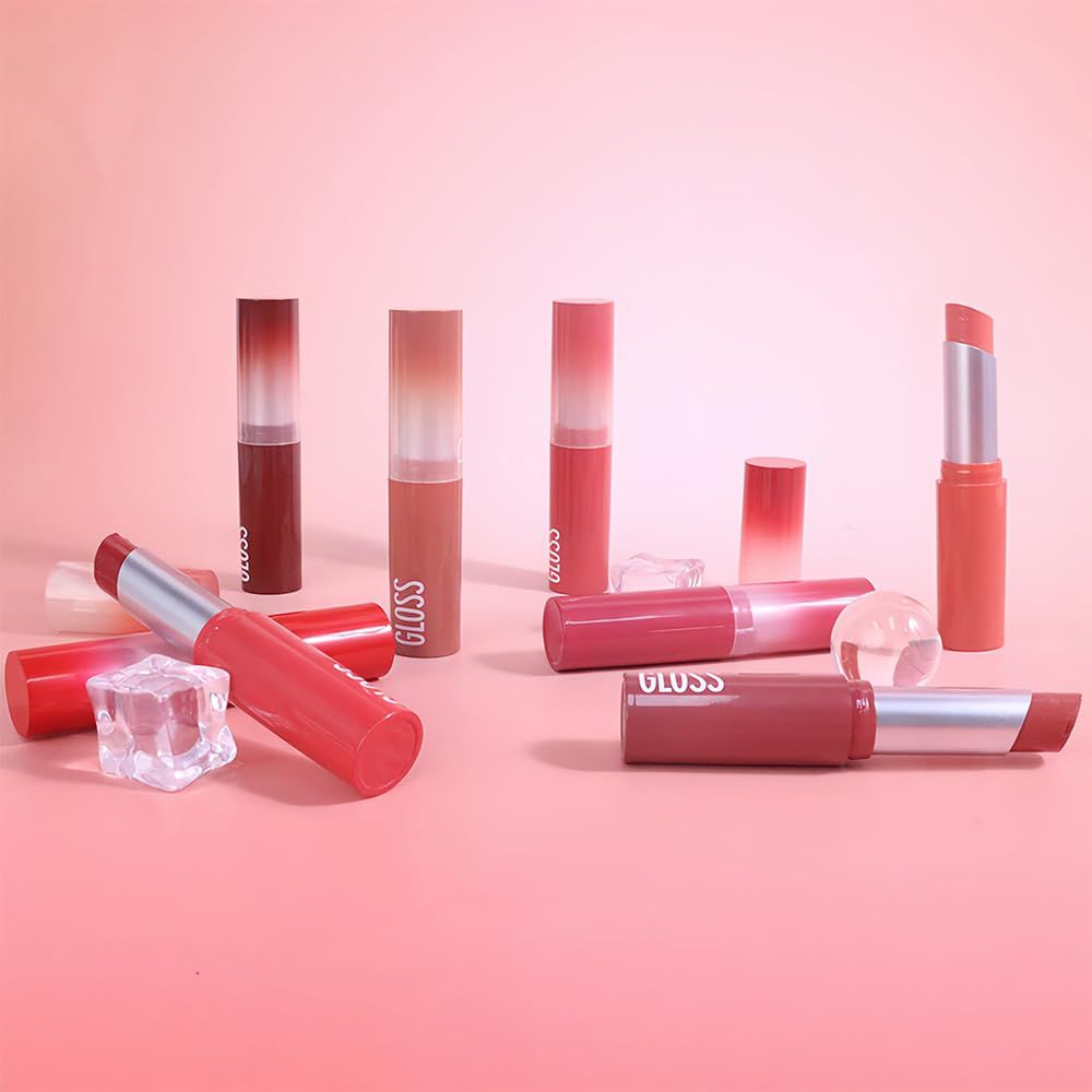 Displays the brand's lip gloss product lineup in various shades and formats to help shoppers visualize the available color options and choose their preferred variant.