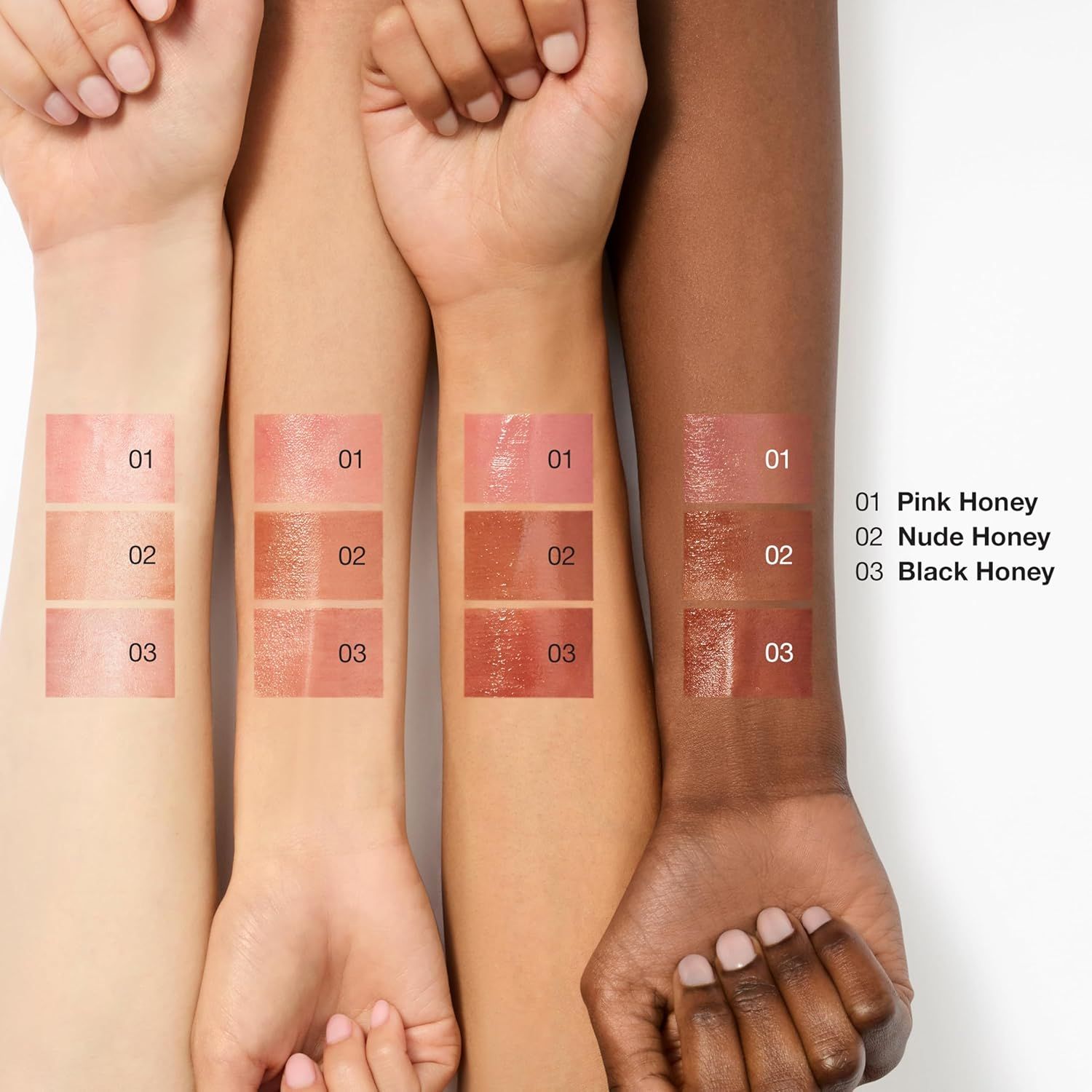 Demonstrates the brand's product line by showing three shade options (Pink Honey, Nude Honey, Black Honey) swatched across diverse skin tones, helping shoppers choose the right shade and reinforcing…