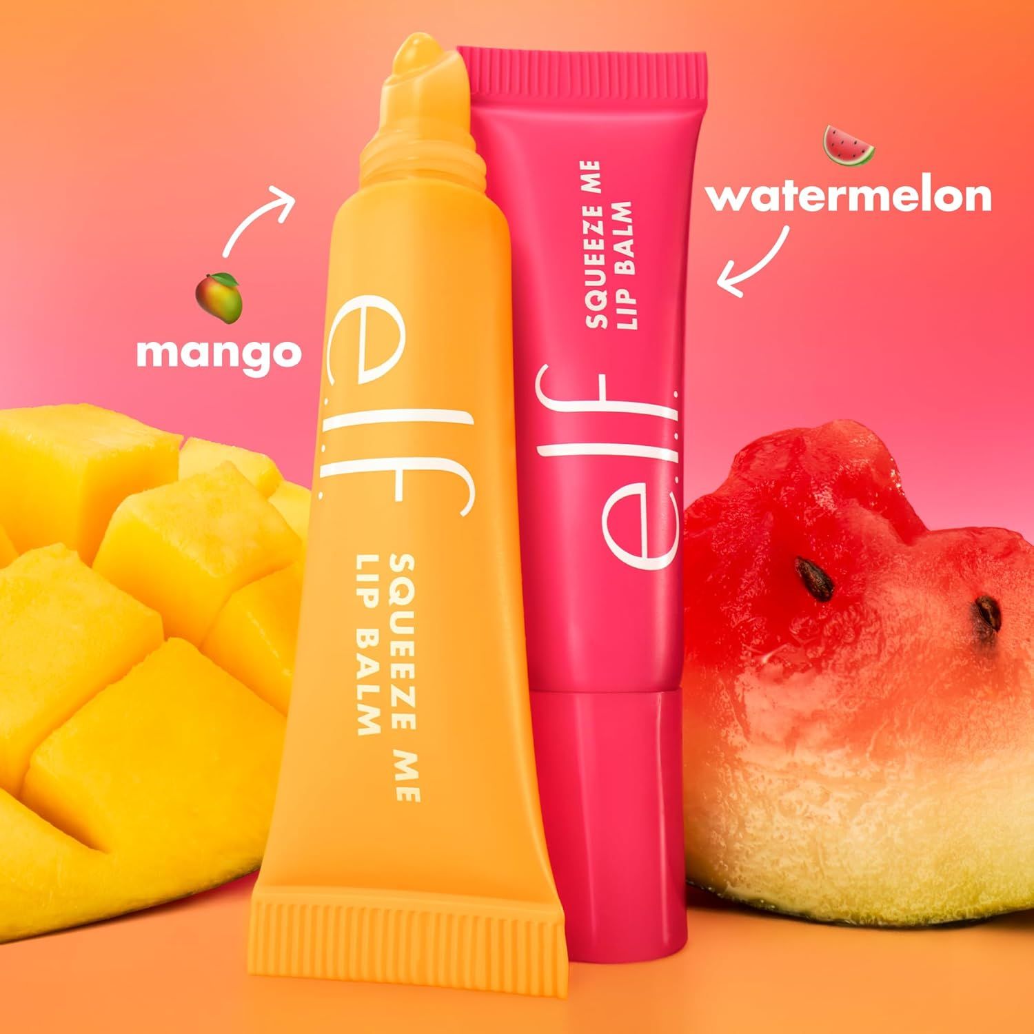 Showcases the brand's lip balm product line with two flavor options (mango and watermelon) to help shoppers understand the variety available and choose their preferred variant.
