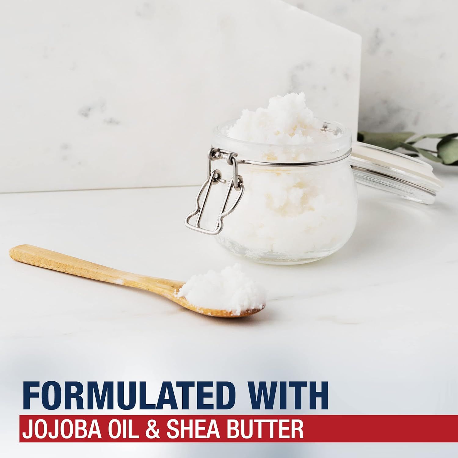 Highlights the product's natural, premium formulation with jojoba oil and shea butter to communicate quality and skin-nourishing benefits.
