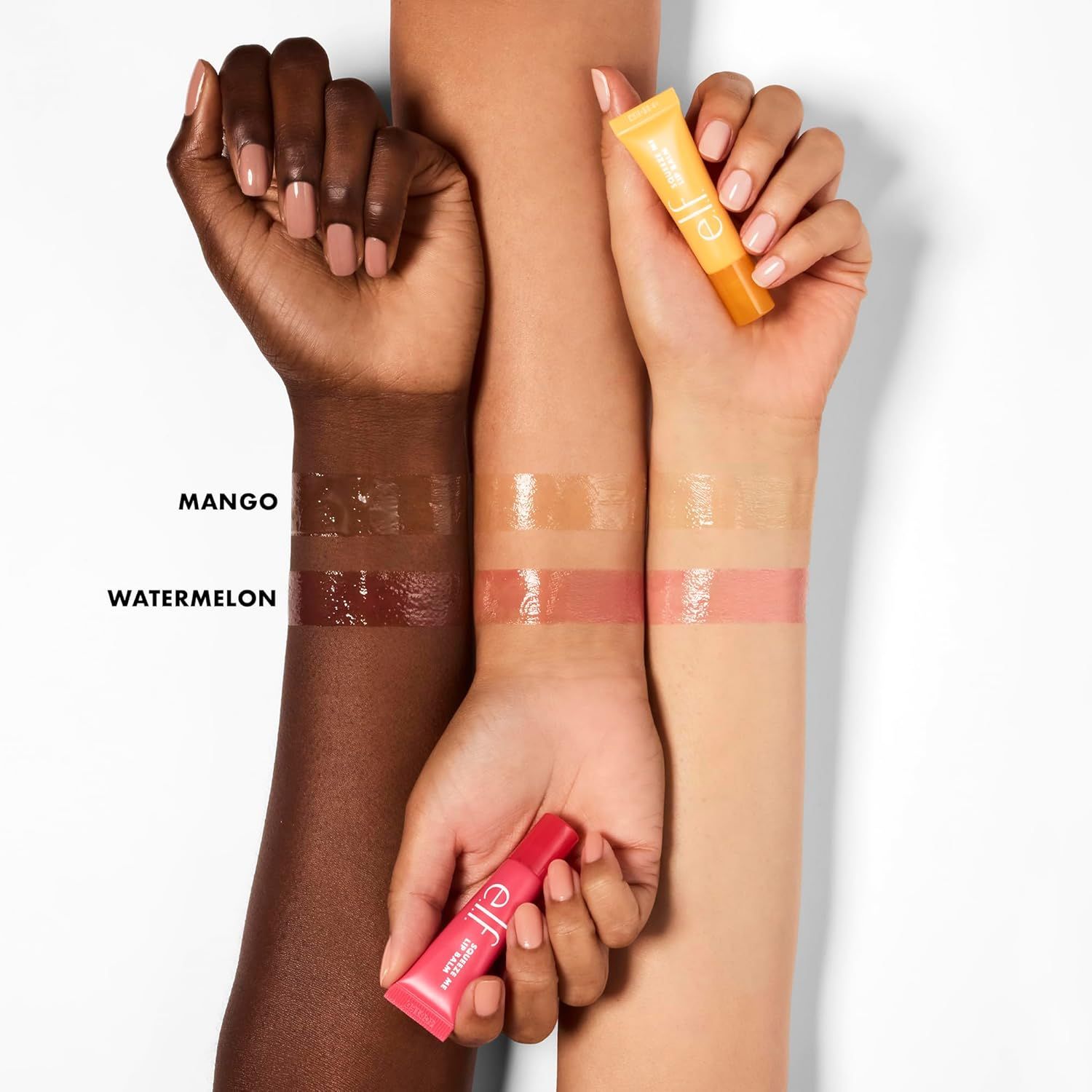 Demonstrates the brand's product lineup by showing two different shade options (Mango and Watermelon) swatched across diverse skin tones, helping shoppers visualize how the shades appear on…