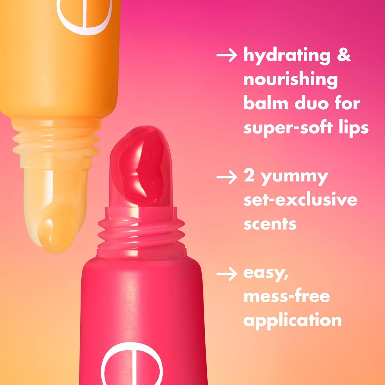 Communicates three distinct product benefits in a segmented layout to show shoppers the multiple advantages of this lip balm duo.