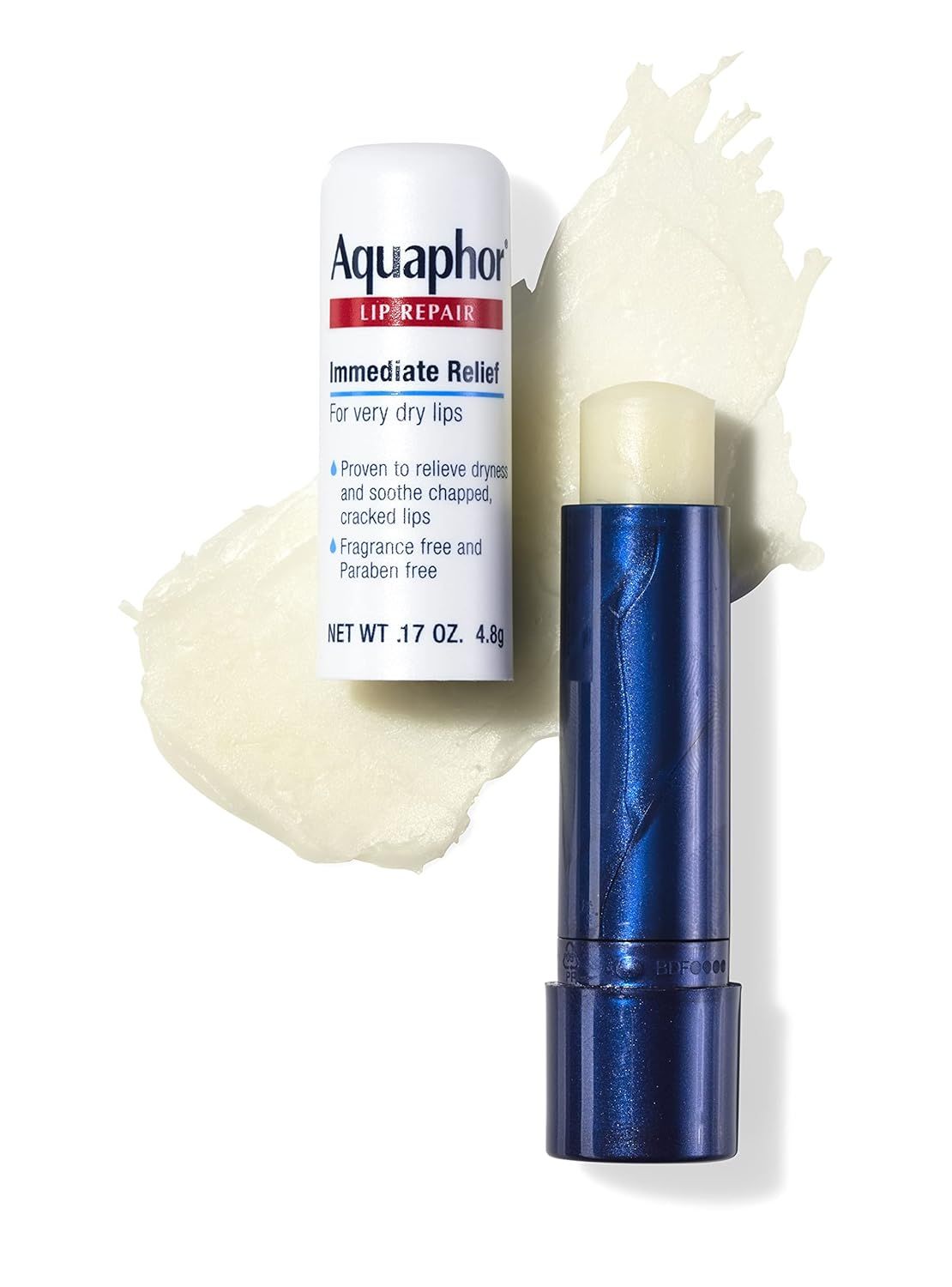 Shows the customer what they receive: the Aquaphor Lip Repair stick and its packaging box, helping them understand the complete purchase.