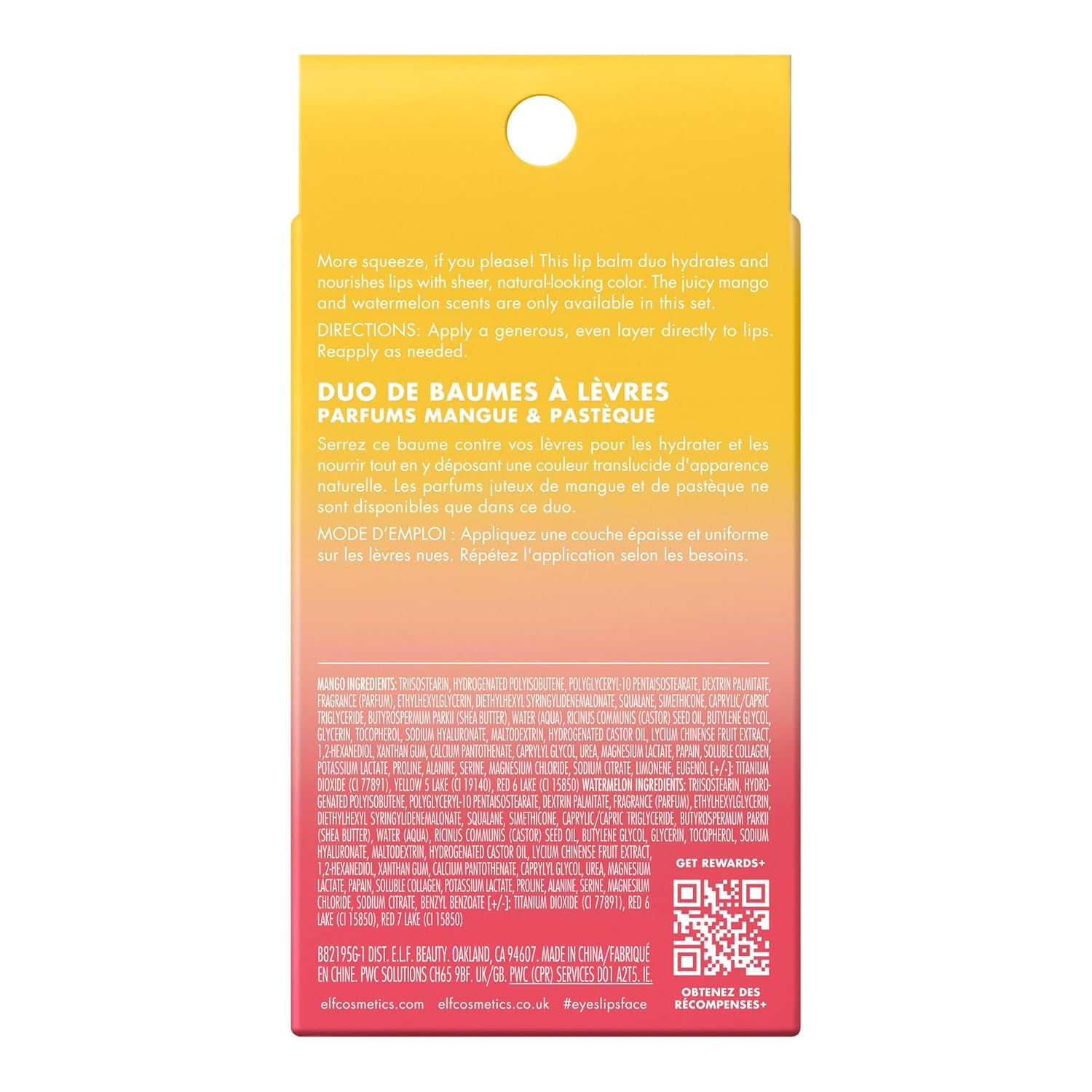 Shows the back packaging of a lip balm duo set, informing shoppers about the product contents (two scented lip balms), ingredients, and usage directions.