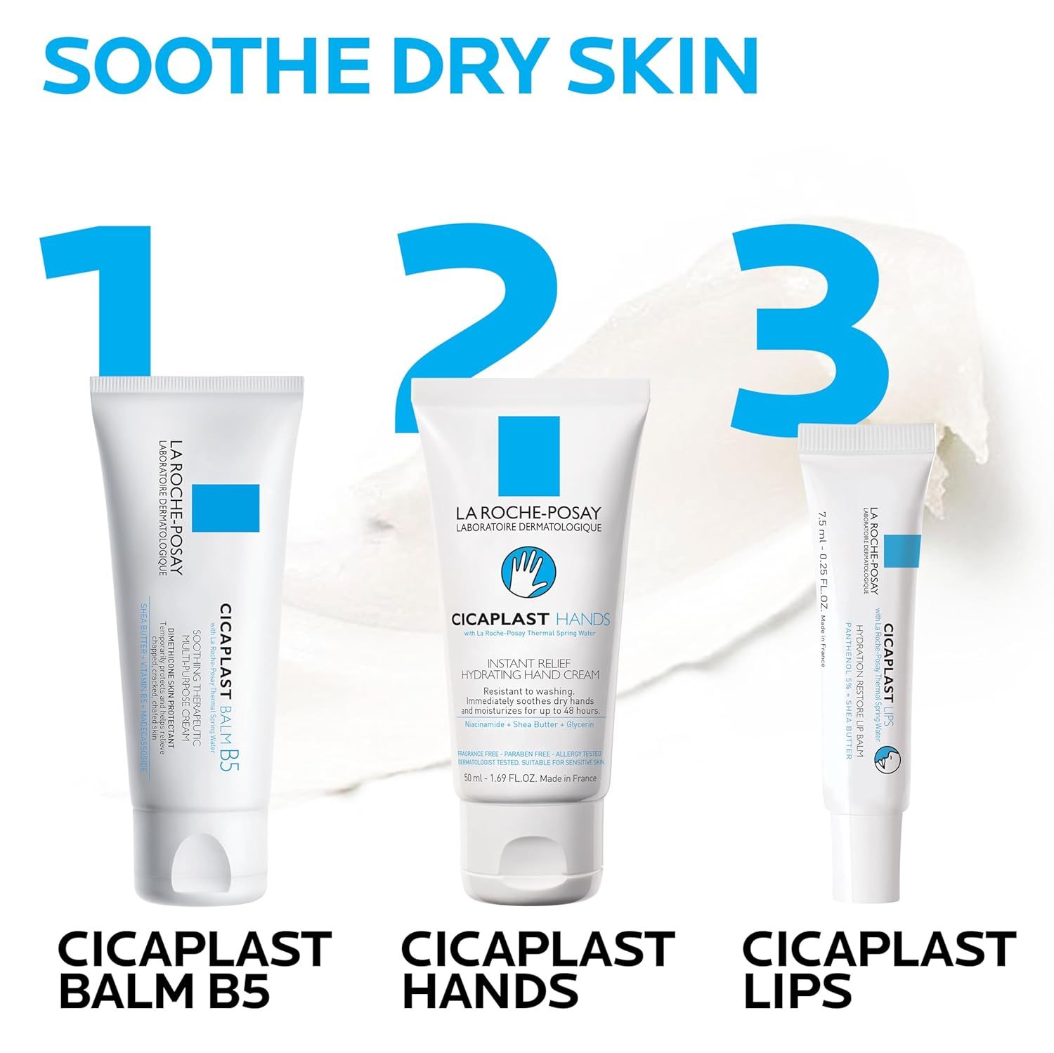 Displays the brand's Cicaplast product line to help shoppers understand the different options available for soothing dry skin across different body areas (balm, hands, lips). Shows three different…