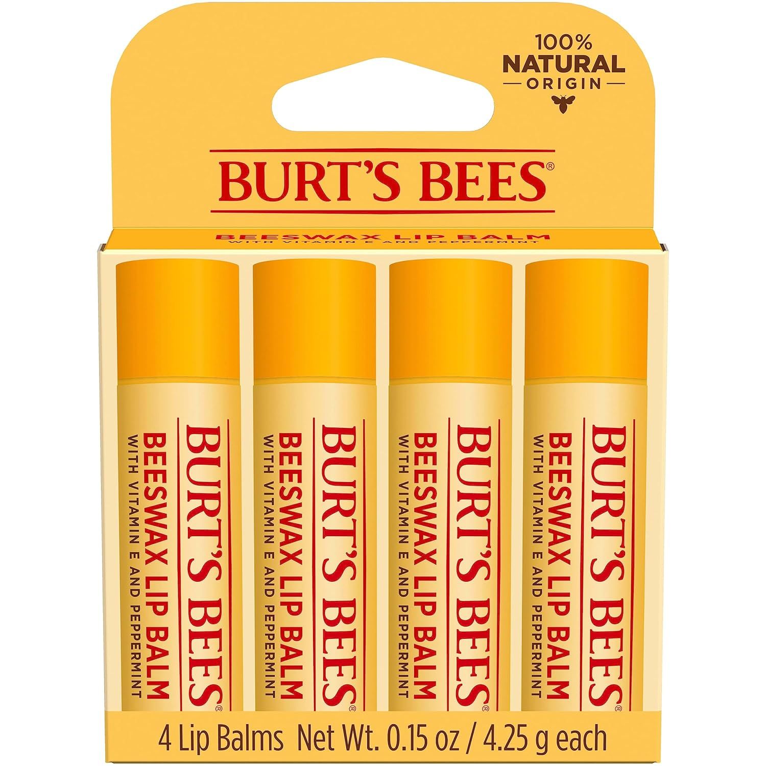 Shows the customer exactly what they will receive in the package: a 4-pack of Burt's Bees Beeswax Lip Balm with Vitamin E and Peppermint, emphasizing the bundle value and quantity.