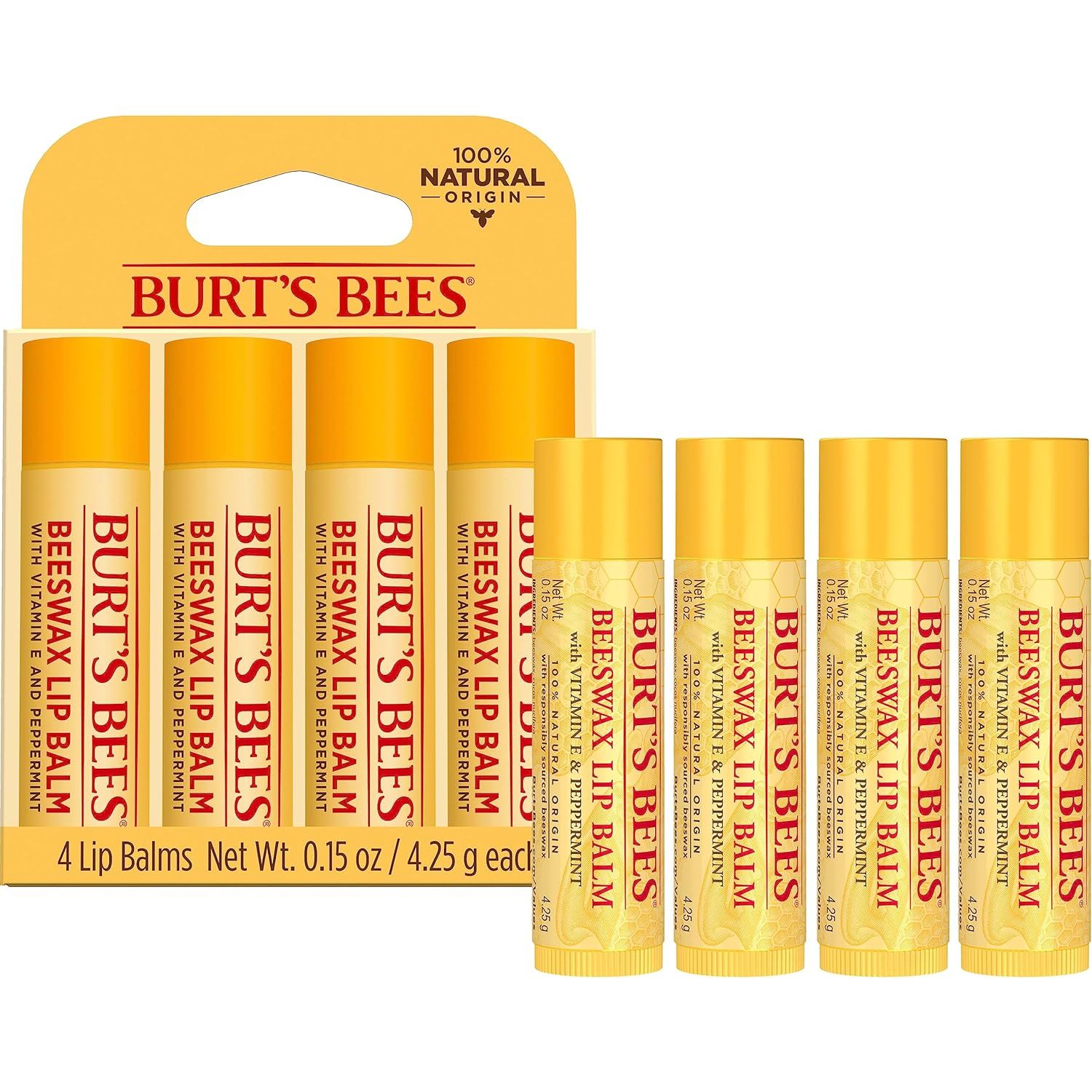 Shows the customer exactly what they will receive: a 4-pack of Burt's Bees Beeswax Lip Balm in retail packaging plus individual tubes, helping shoppers understand the bundle contents and value.