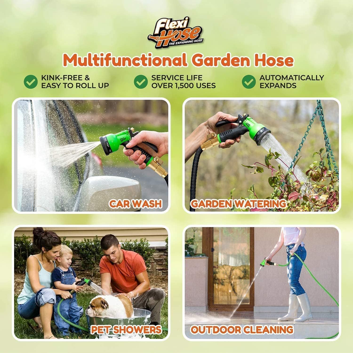 Demonstrates the versatility of the garden hose by showing four distinct use cases, reassuring shoppers that this single product can handle multiple household and outdoor tasks. Highlights three key…