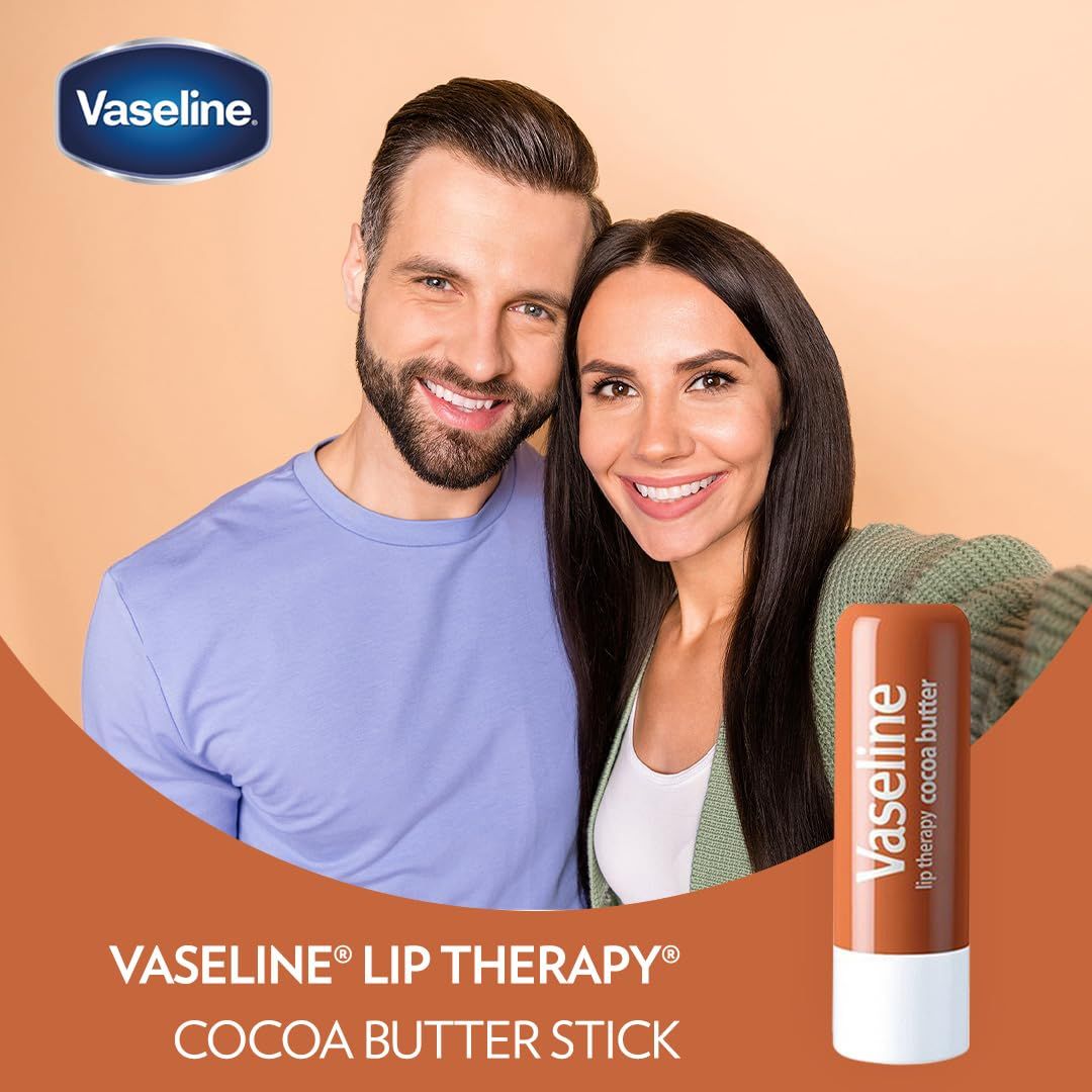 Reinforces the Vaseline brand identity and introduces the Lip Therapy Cocoa Butter Stick product line with lifestyle imagery to build emotional connection and brand trust.