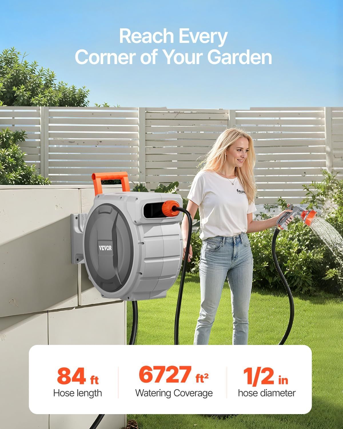 Communicates the product's key performance specifications—84 ft hose length, 6727 ft² watering coverage, and 1/2 inch diameter—to help shoppers understand the product's reach and capacity for garden…