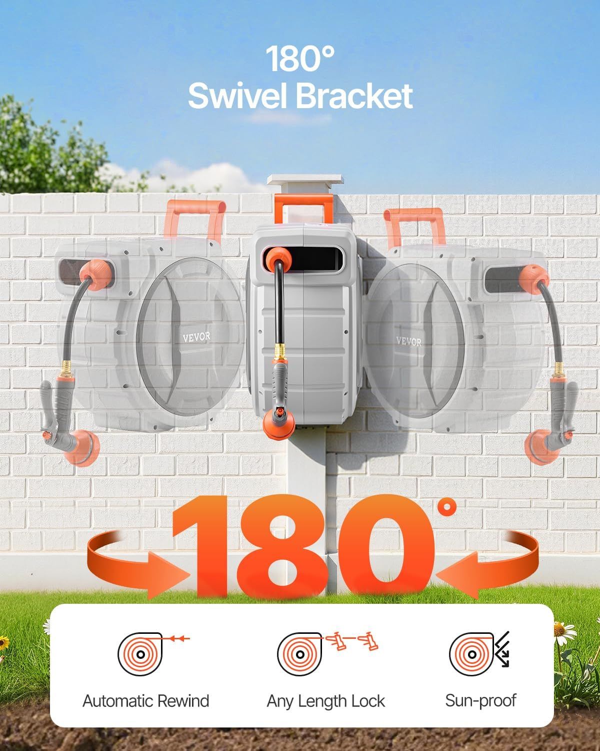Communicates multiple key benefits of the hose reel system including its swivel mounting capability, automatic rewind function, adjustable length locking, and weather-resistant design to show…
