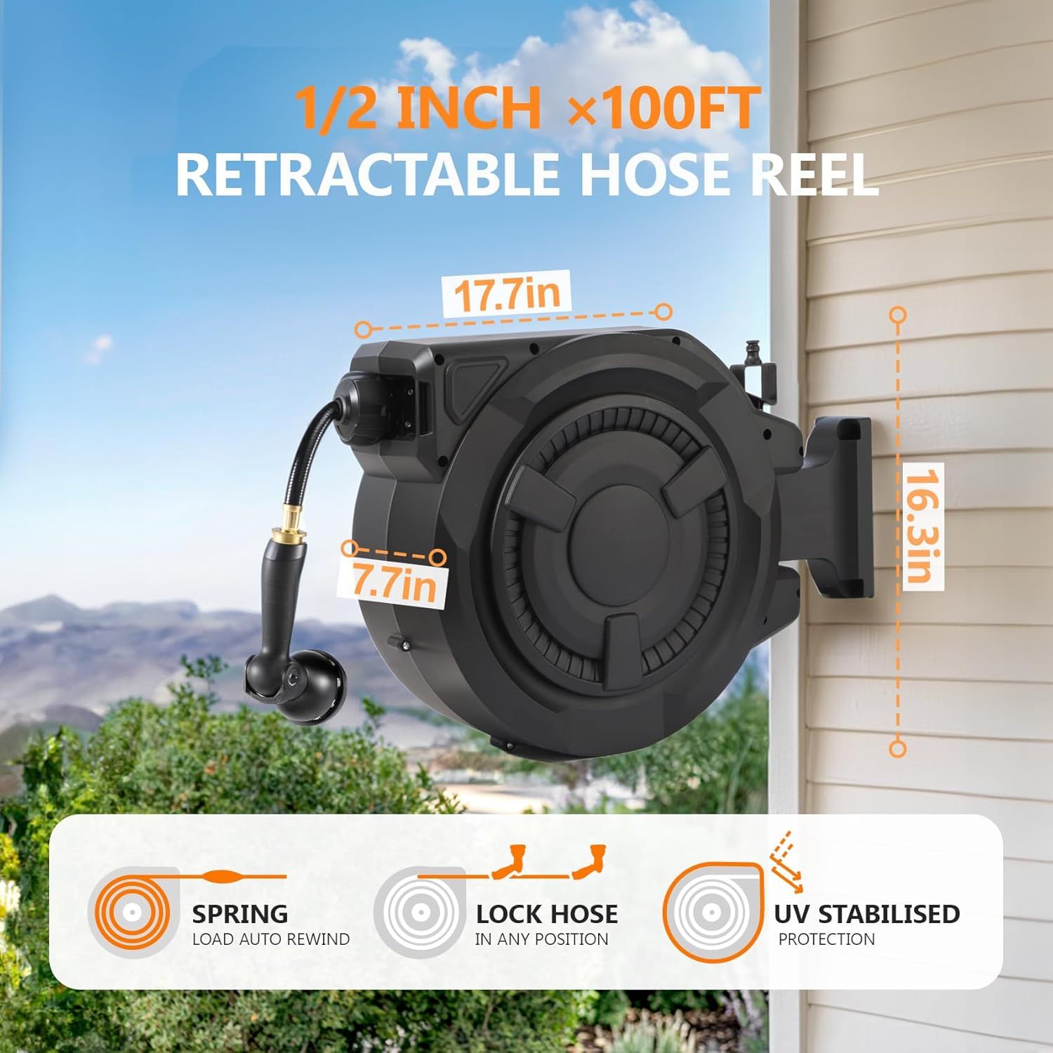 Communicates the exact physical dimensions of the retractable hose reel (17.7in width, 16.3in height, 7.7in depth) to help shoppers understand the product's size and mounting requirements.…