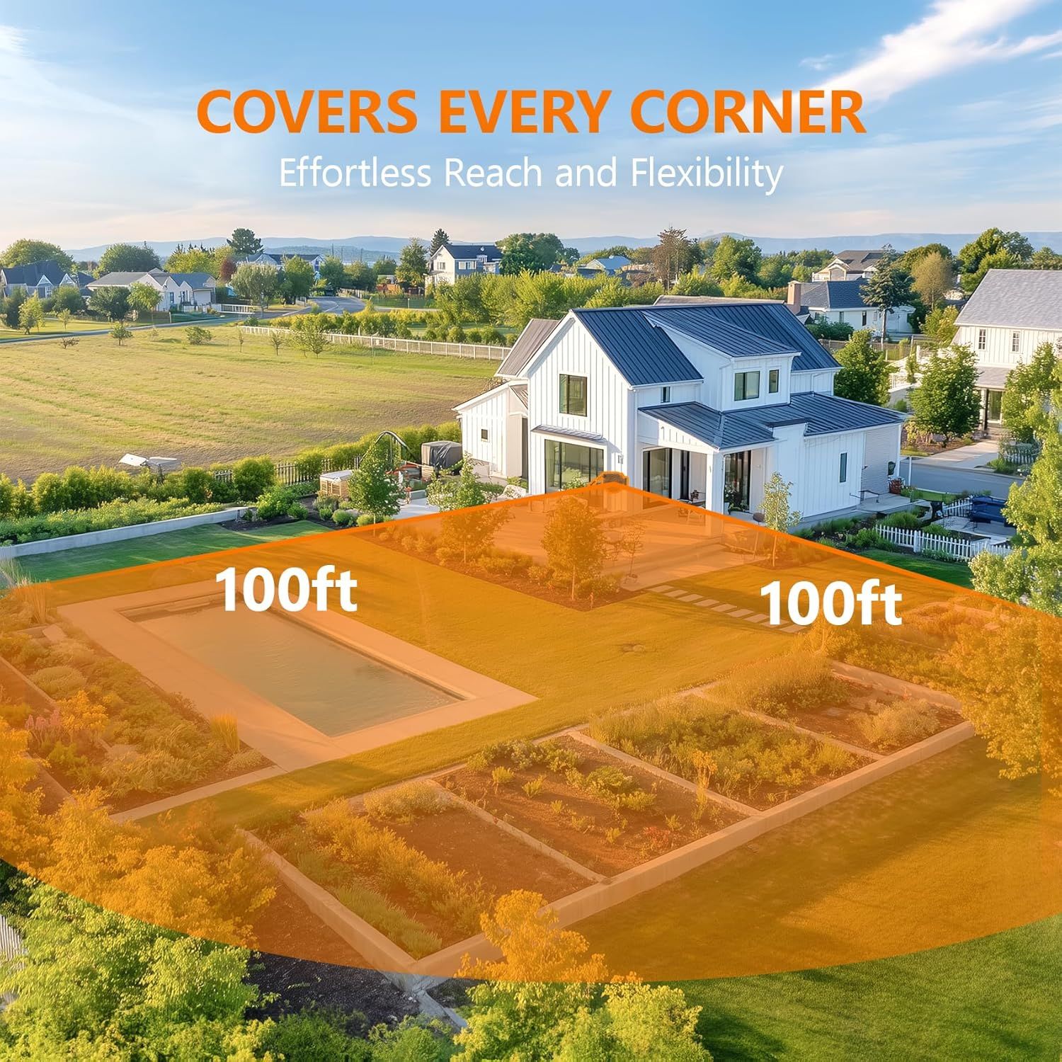 Demonstrates the product's extensive coverage area of 100ft x 100ft to reassure shoppers that it can effectively cover large outdoor spaces like yards and gardens. Communicates the key benefit of…