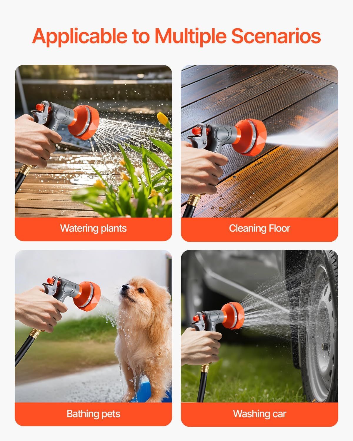 Demonstrates the product's versatility by showing four distinct use scenarios (watering plants, cleaning floors, bathing pets, washing cars) to reassure shoppers that this is a multi-purpose tool…