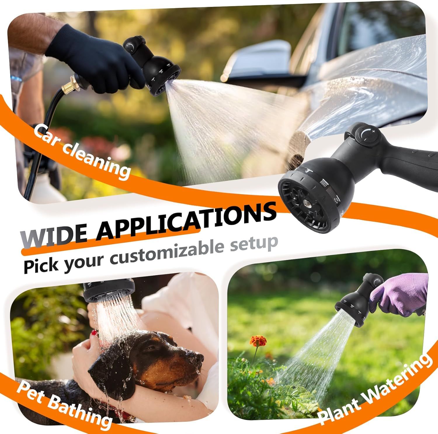 Demonstrates the product's versatility by showing multiple real-world use cases (car washing, pet bathing, and plant watering) to reassure shoppers that this spray nozzle can handle diverse cleaning…