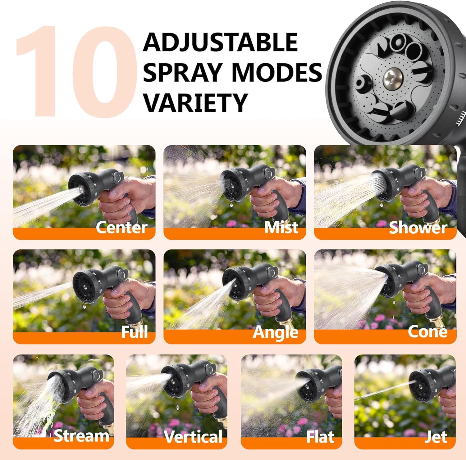 Demonstrates the versatility of the hose nozzle by showing all 10 different spray patterns available (Center, Mist, Shower, Full, Angle, Cone, Stream, Vertical, Flat, Jet), reassuring shoppers that…