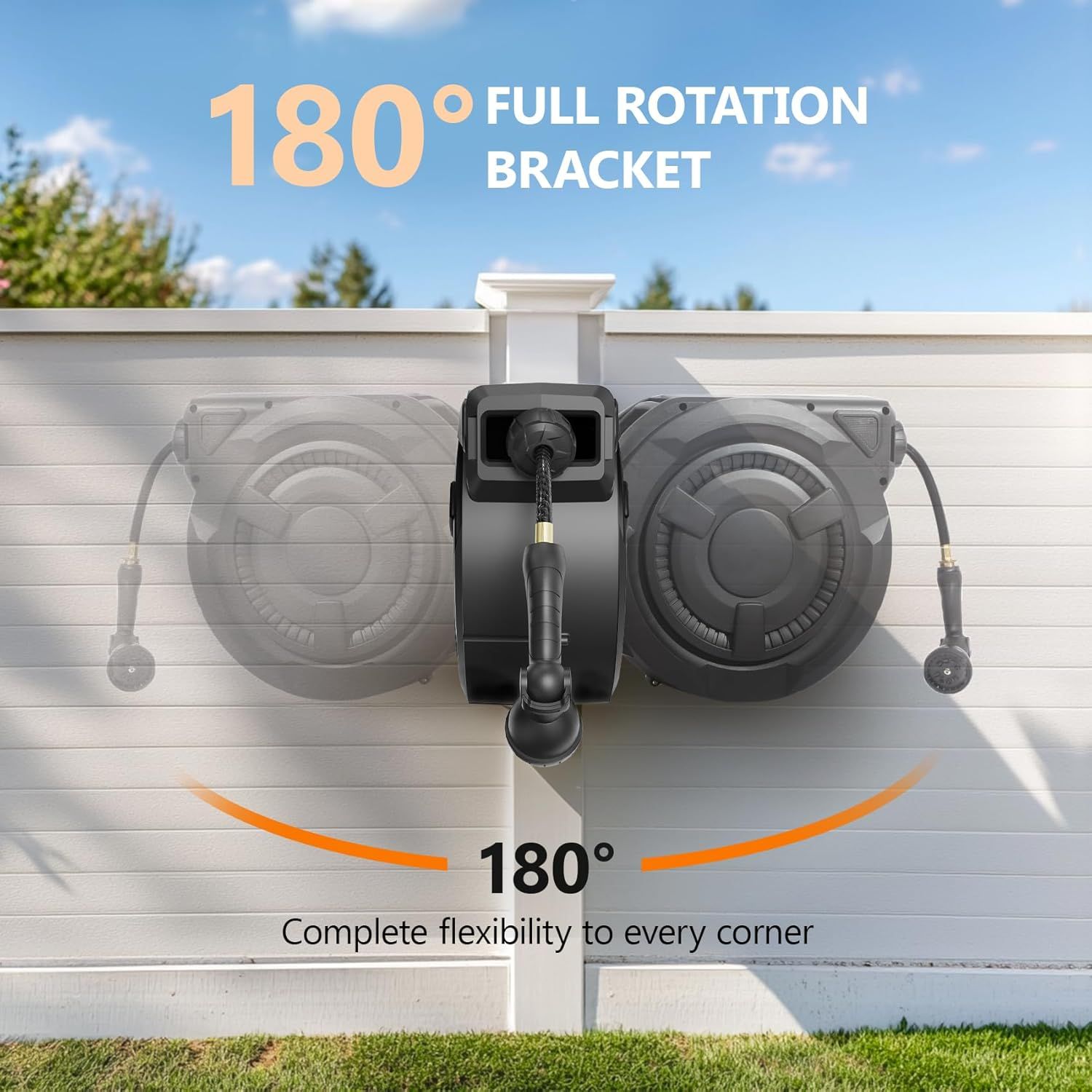 Highlights the product's 180-degree rotating bracket feature to communicate flexibility and complete corner coverage for outdoor installation.