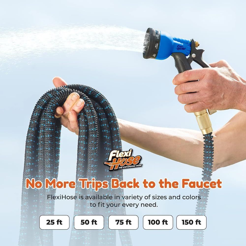 Showcases the FlexiHose brand and communicates that the expandable hose is available in multiple size options (25 ft, 50 ft, 75 ft, 100 ft, 150 ft) to help shoppers choose the right length for their…