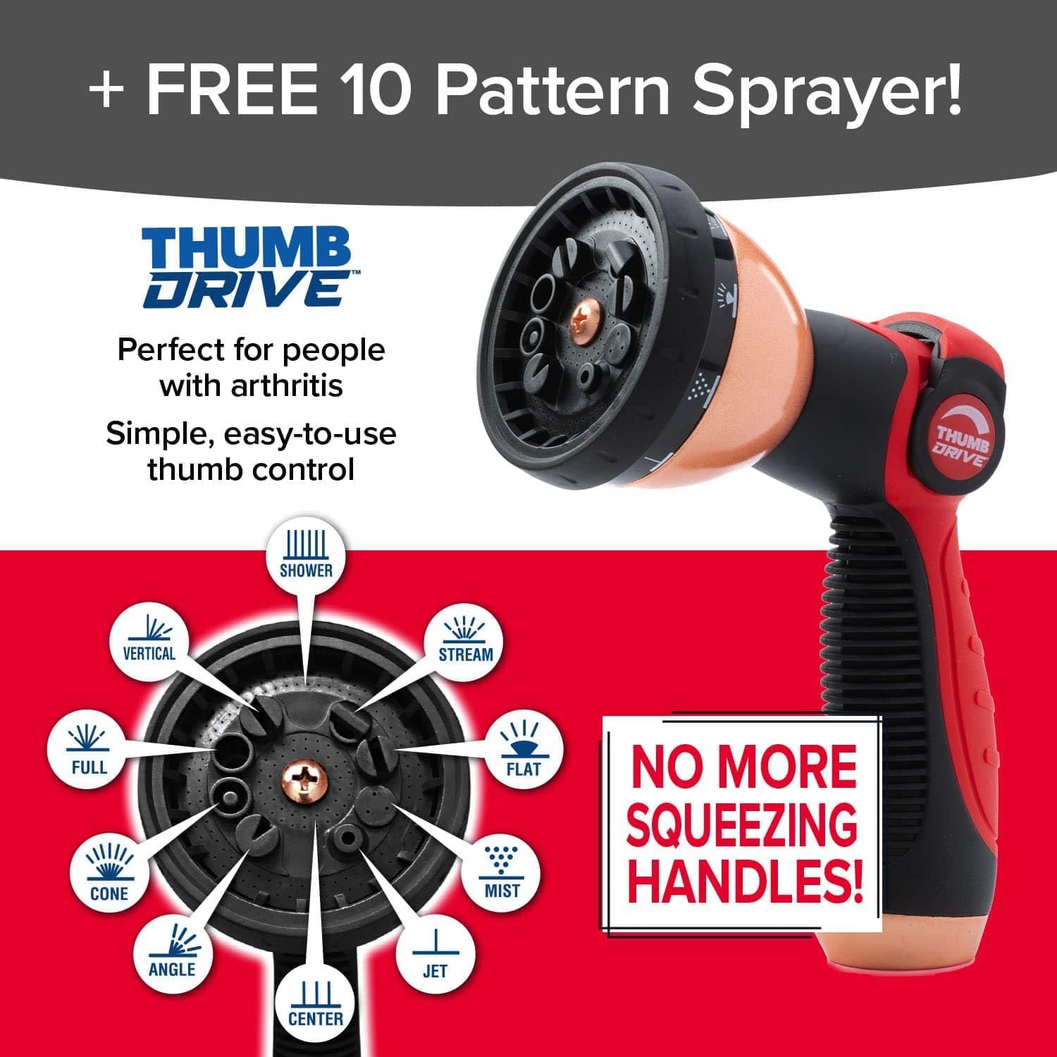 Communicates multiple key benefits of the hose sprayer including its 10 spray pattern options, easy thumb-drive control mechanism, and accessibility for people with arthritis by eliminating the need…