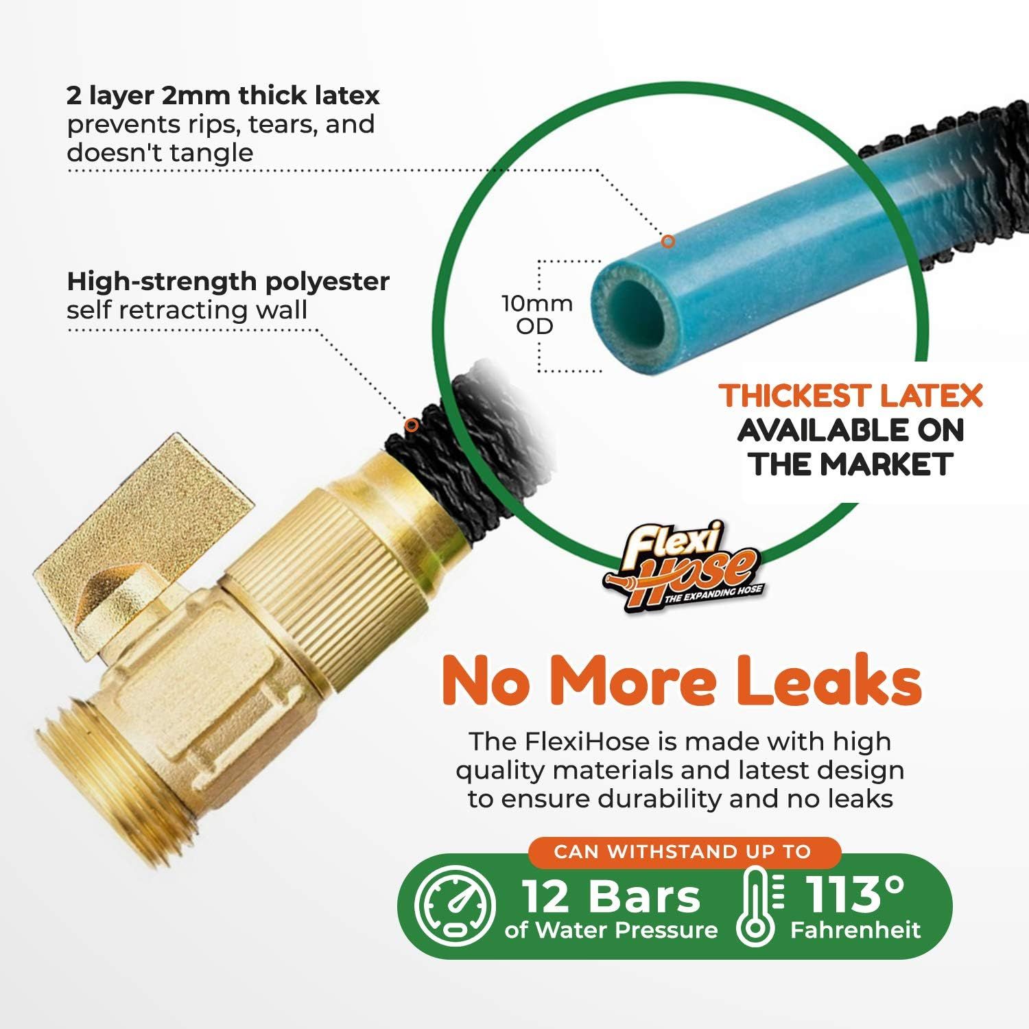 This image breaks down the physical construction of the FlexiHose, highlighting the thick latex layer and polyester wall to demonstrate the product's durable, leak-proof design and superior material…