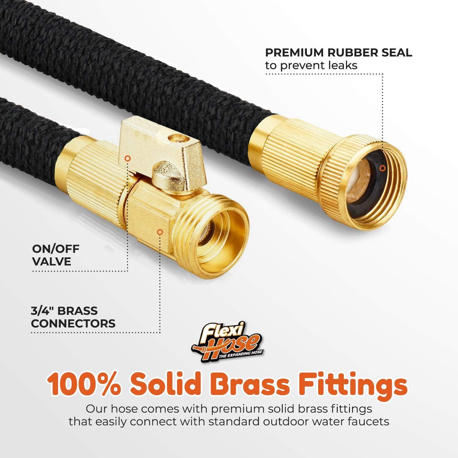 Breaks down the key physical components of the hose fittings to demonstrate quality construction and functional features like leak prevention and water control. Highlights the premium solid brass…