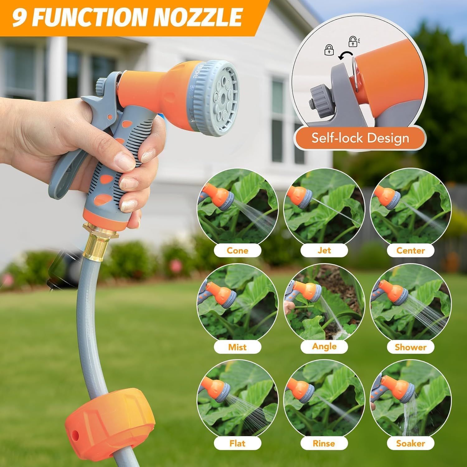 Demonstrates the versatility and functionality of the garden hose nozzle by showcasing its 9 different spray patterns and self-locking feature, helping shoppers understand the product's multiple use…