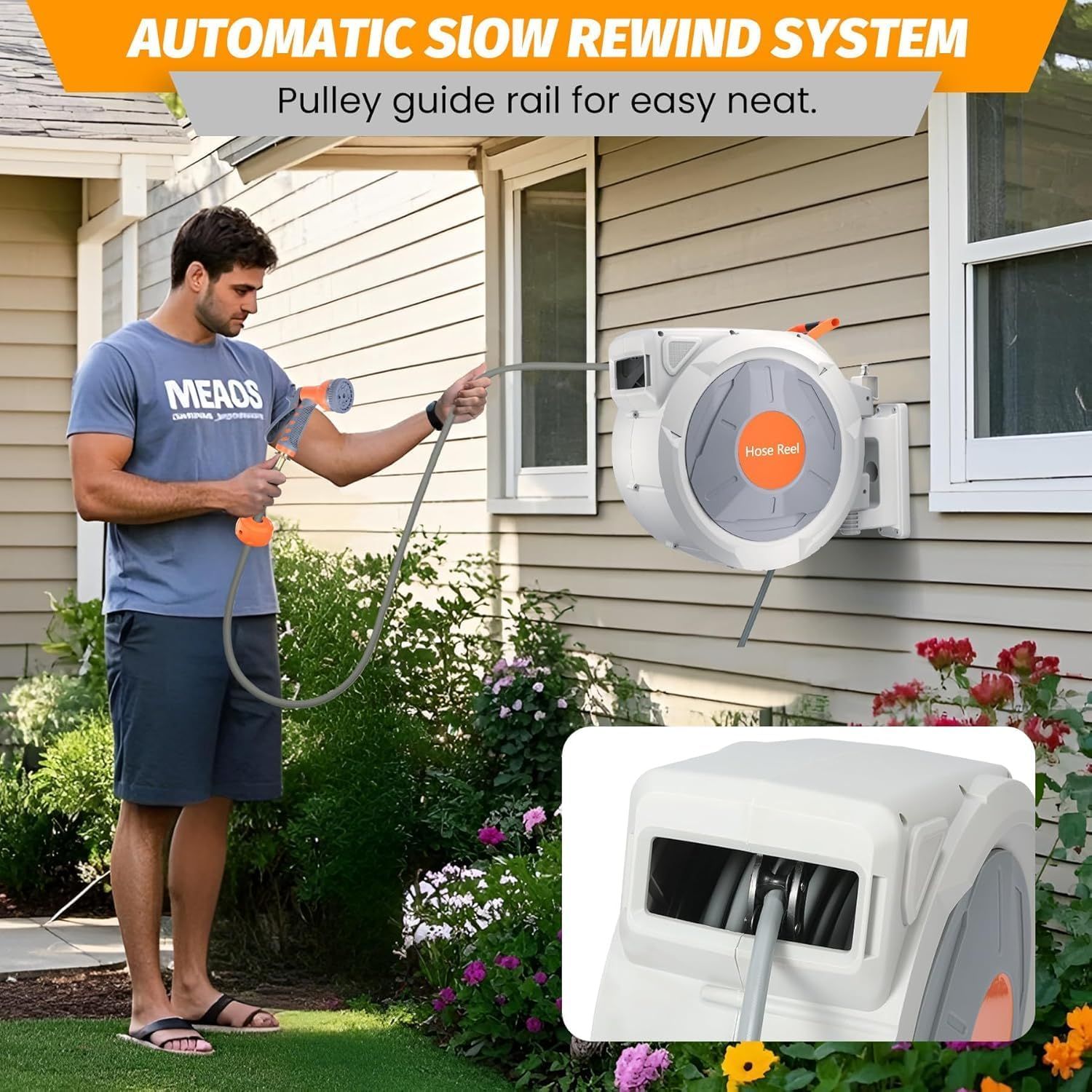 Highlights the automatic slow rewind system with pulley guide rail to communicate ease of use and neat, organized hose storage for homeowners.