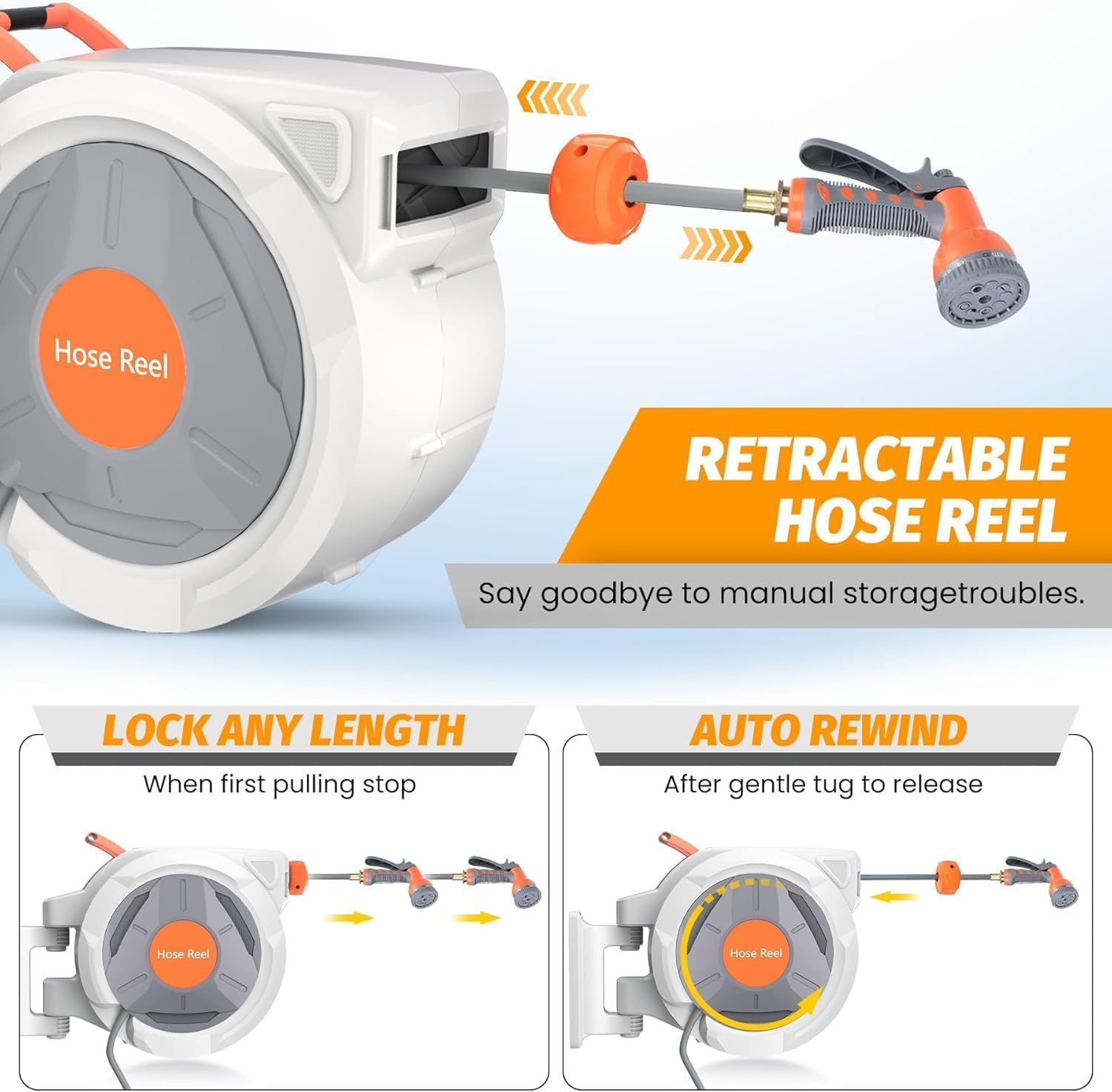 Demonstrates how the retractable hose reel works with step-by-step instructions showing the lock and auto-rewind features, reassuring shoppers that the product is easy to use and eliminates manual…