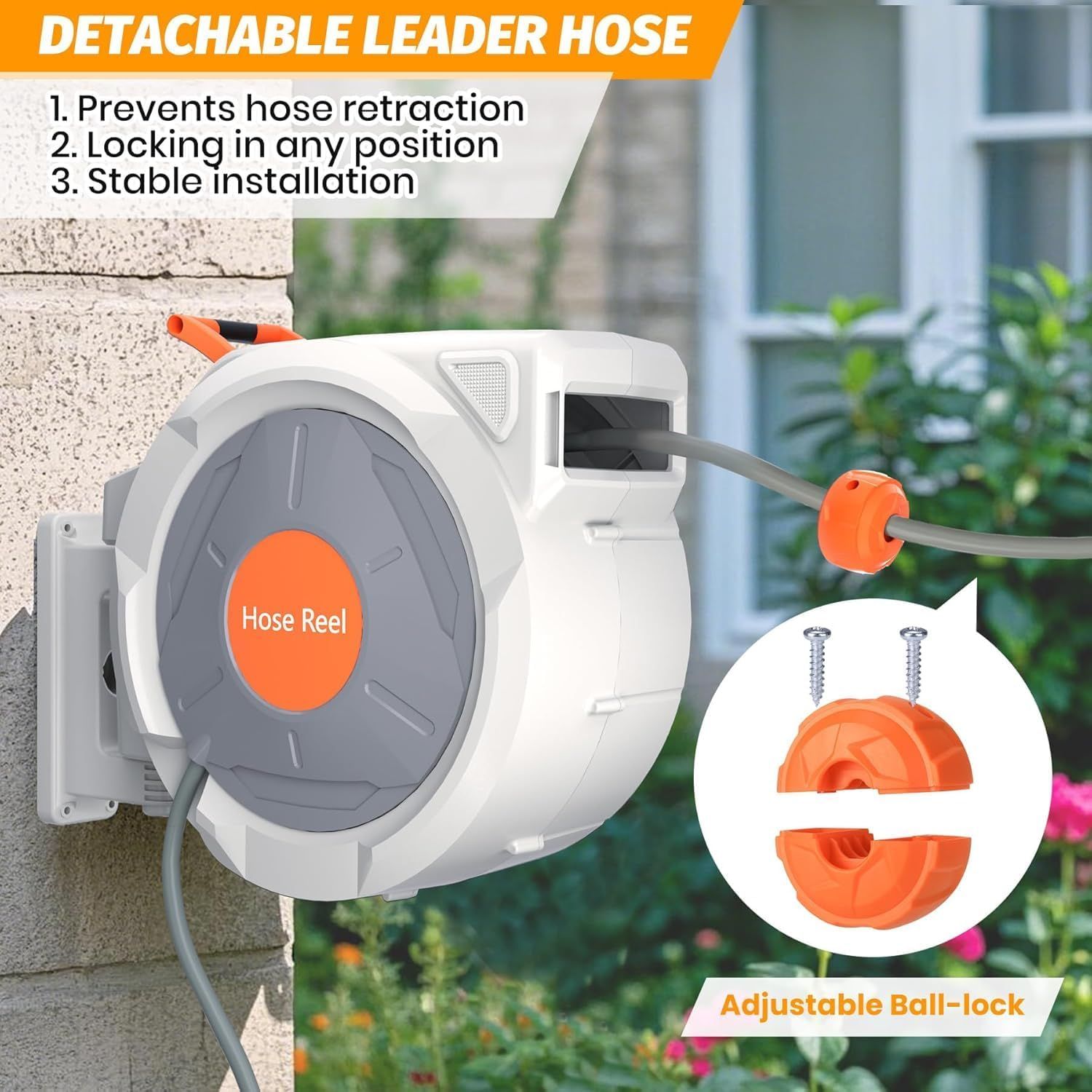 Highlights the physical components and installation features of the hose reel, specifically the detachable leader hose and adjustable ball-lock mechanism, to show customers how the product is…