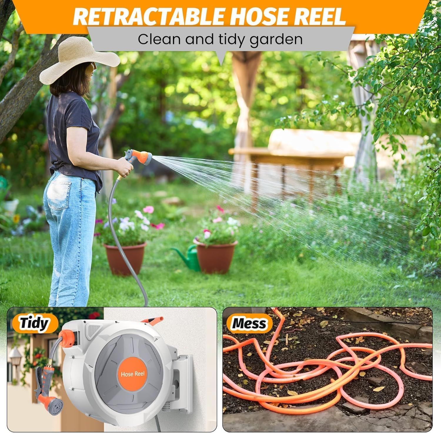 Demonstrates the transformation from a messy, tangled hose to a clean, organized garden using the retractable hose reel, proving the product's effectiveness in maintaining garden tidiness.