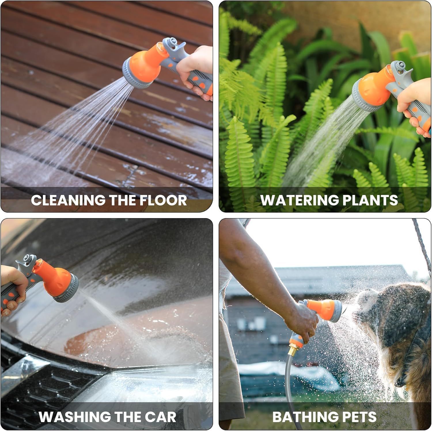 Demonstrates the versatility of the spray nozzle by showing four distinct real-world applications, reassuring shoppers that this is a multi-purpose tool suitable for various household and outdoor…