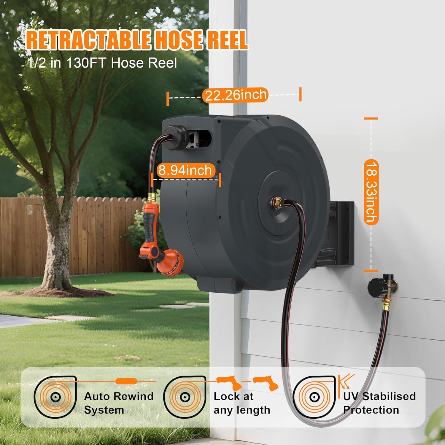 Communicates the exact physical dimensions of the retractable hose reel to help shoppers understand its size and fit for their space. Highlights three distinct product benefits in a segmented layout…