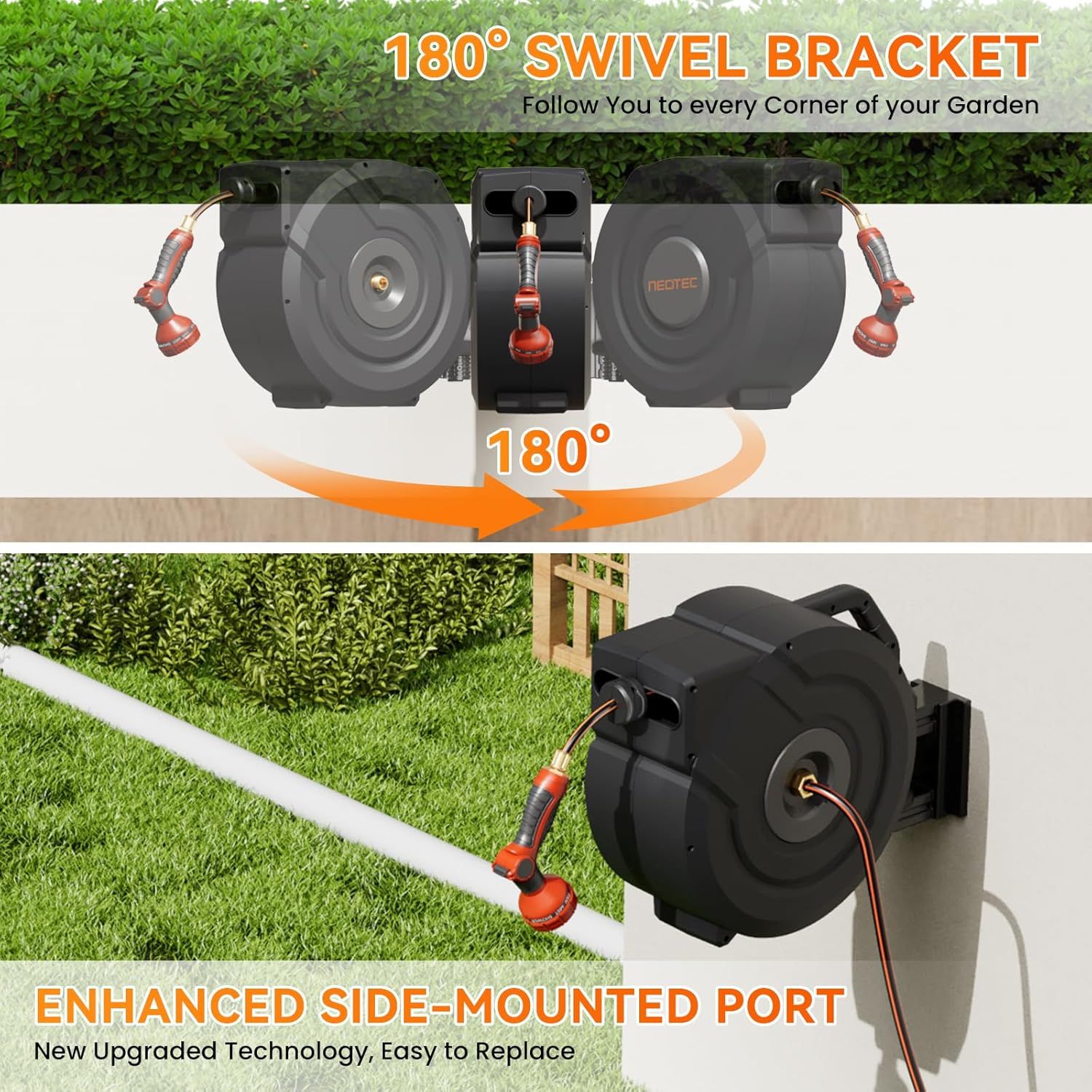 Demonstrates two distinct product features: the 180-degree swivel capability for full garden coverage and the upgraded side-mounted port design for easy hose replacement.