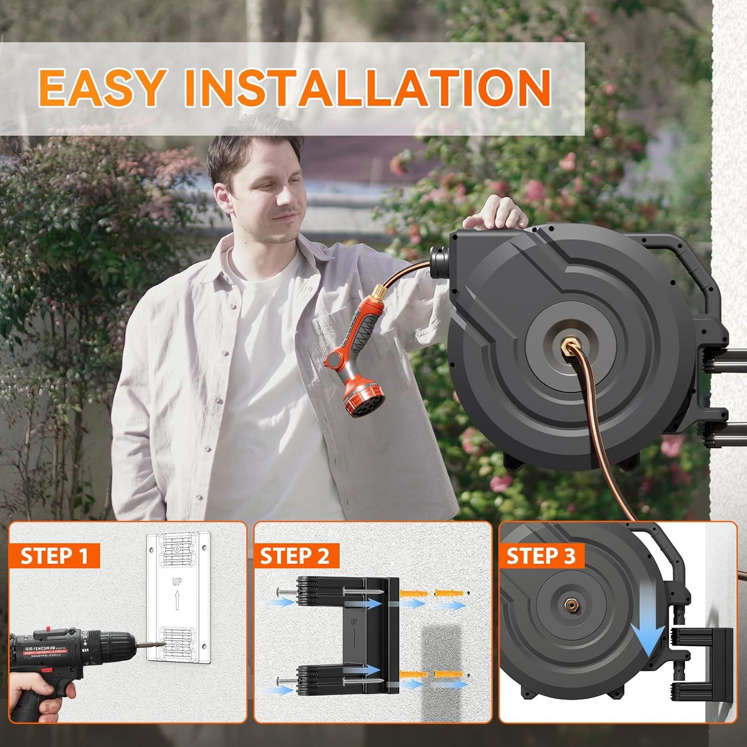 Demonstrates the simple 3-step installation process for the hose reel, reassuring shoppers that setup is quick and straightforward with clear visual instructions.