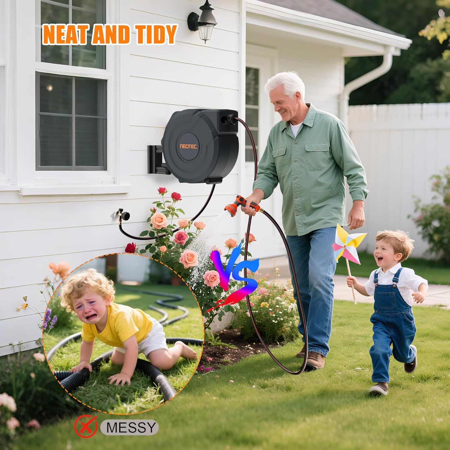 Demonstrates how the retractable hose reel keeps the yard organized and tidy compared to traditional messy hoses lying on the ground, reassuring shoppers of a cleaner outdoor space. Highlights the…