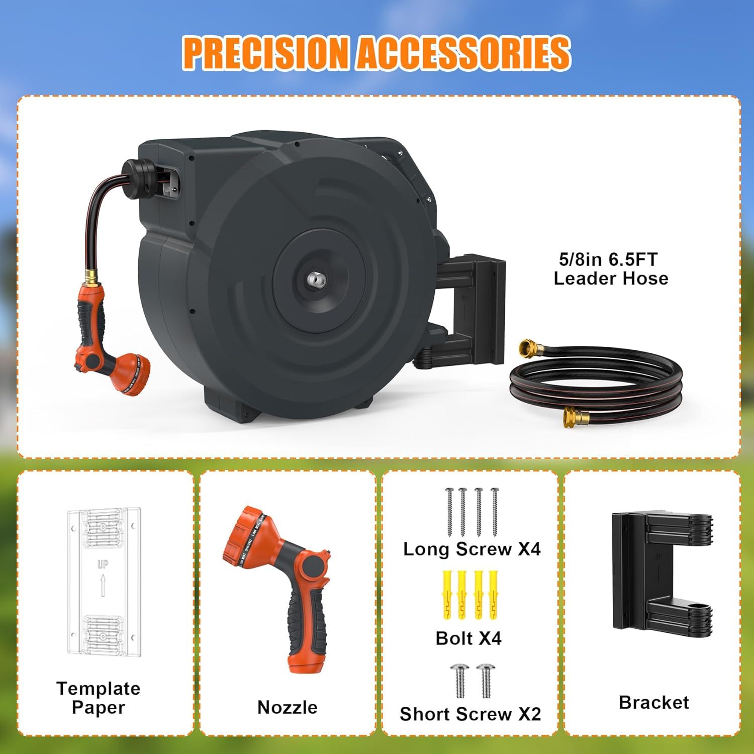 Shows all components included with the hose reel purchase, including the main unit, leader hose, nozzle, mounting hardware, and installation template to reassure shoppers they have everything needed…