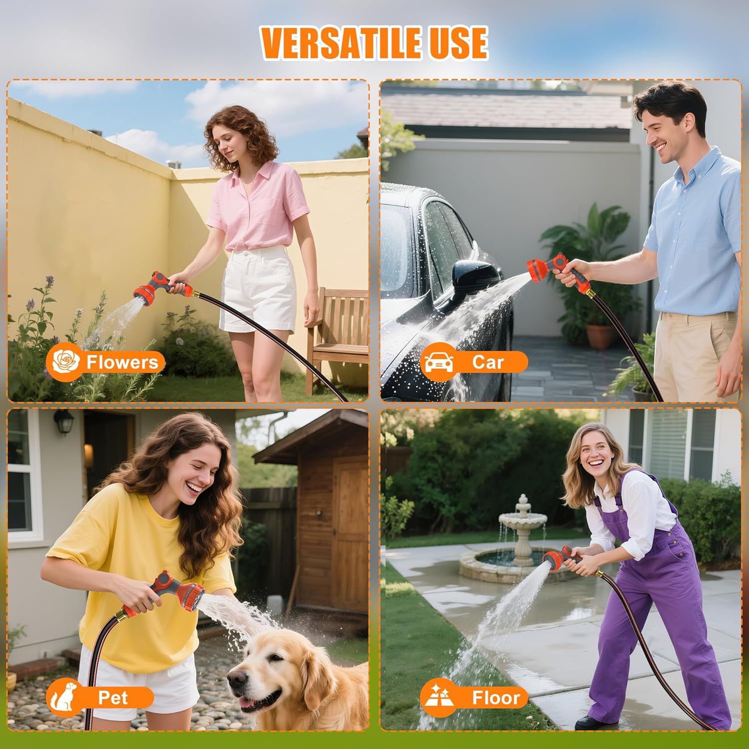 Demonstrates the product's versatility by showing four distinct use scenarios: watering flowers, washing cars, bathing pets, and cleaning outdoor floors. This reassures shoppers that the product is…