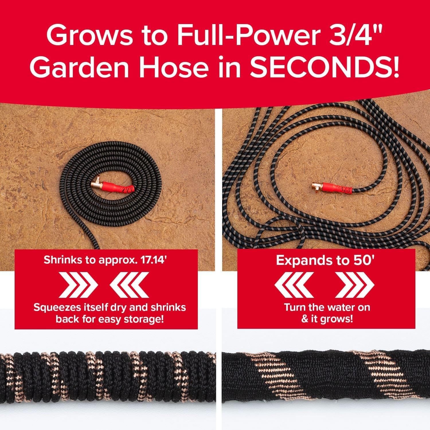 Demonstrates how the expandable garden hose works by showing the before and after states when water is turned on, reassuring shoppers about the product's unique expanding and contracting…