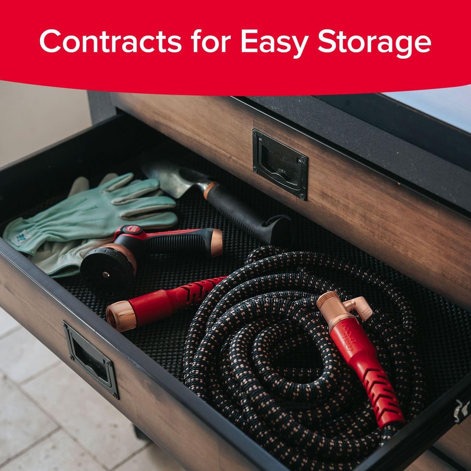Demonstrates how the product contracts and stores neatly in a drawer, reassuring shoppers that it won't take up much space when not in use.