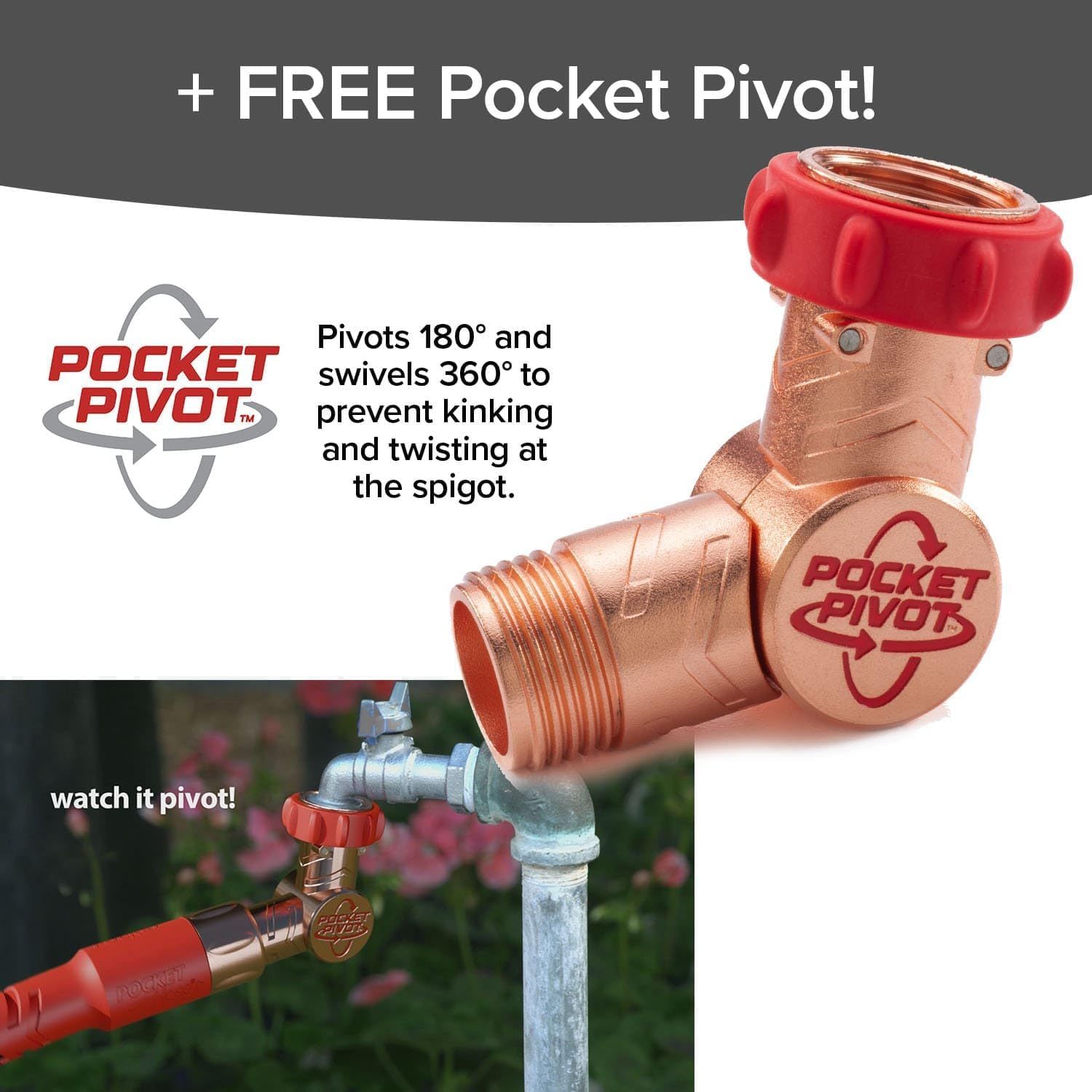 Communicates that the customer receives a free Pocket Pivot accessory with their purchase, adding value to the offer and showing what's included in the bundle. Highlights the pivoting and swiveling…