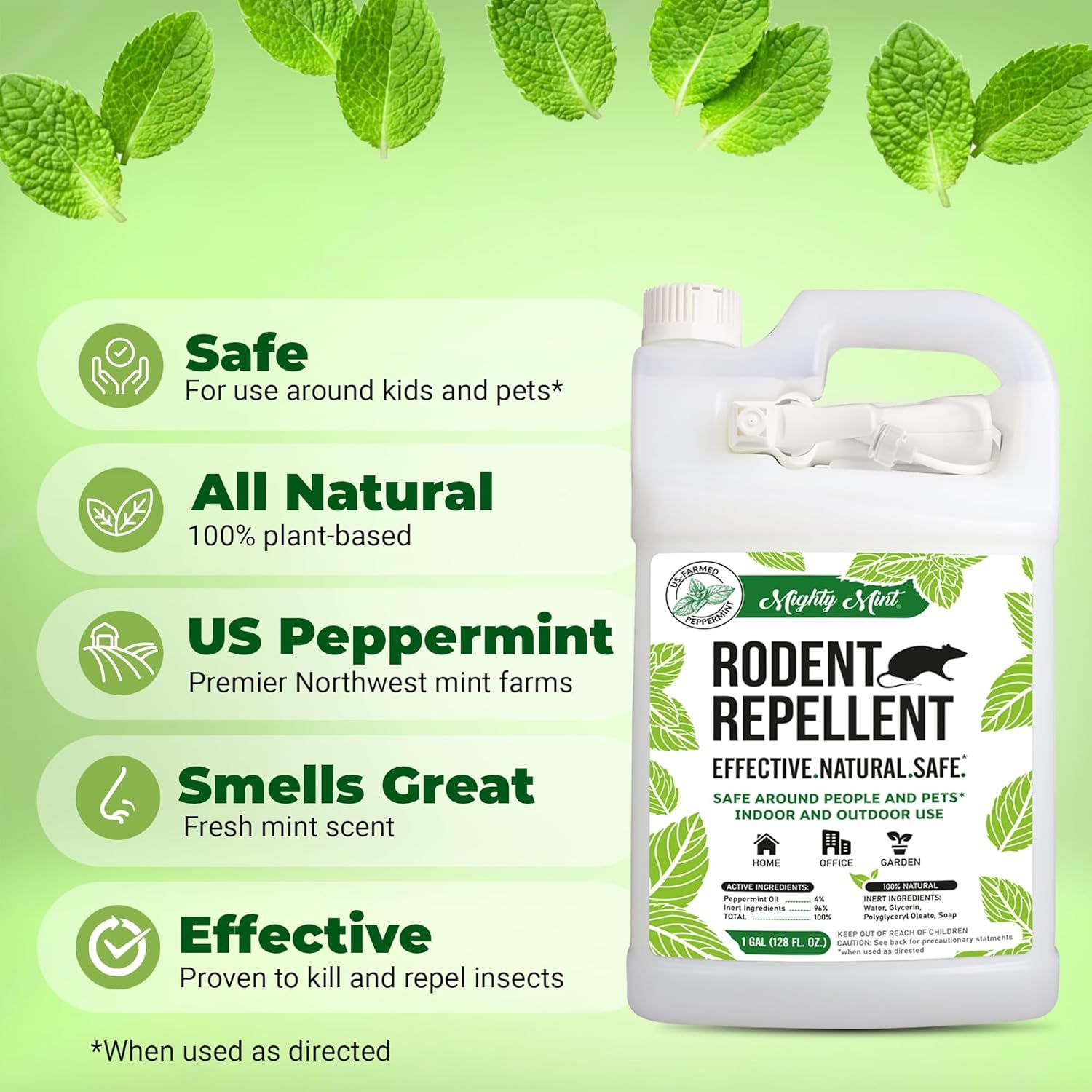 Communicates multiple distinct benefits of the rodent repellent in a segmented layout, emphasizing safety, natural ingredients, sourcing, scent quality, and effectiveness to reassure shoppers about…